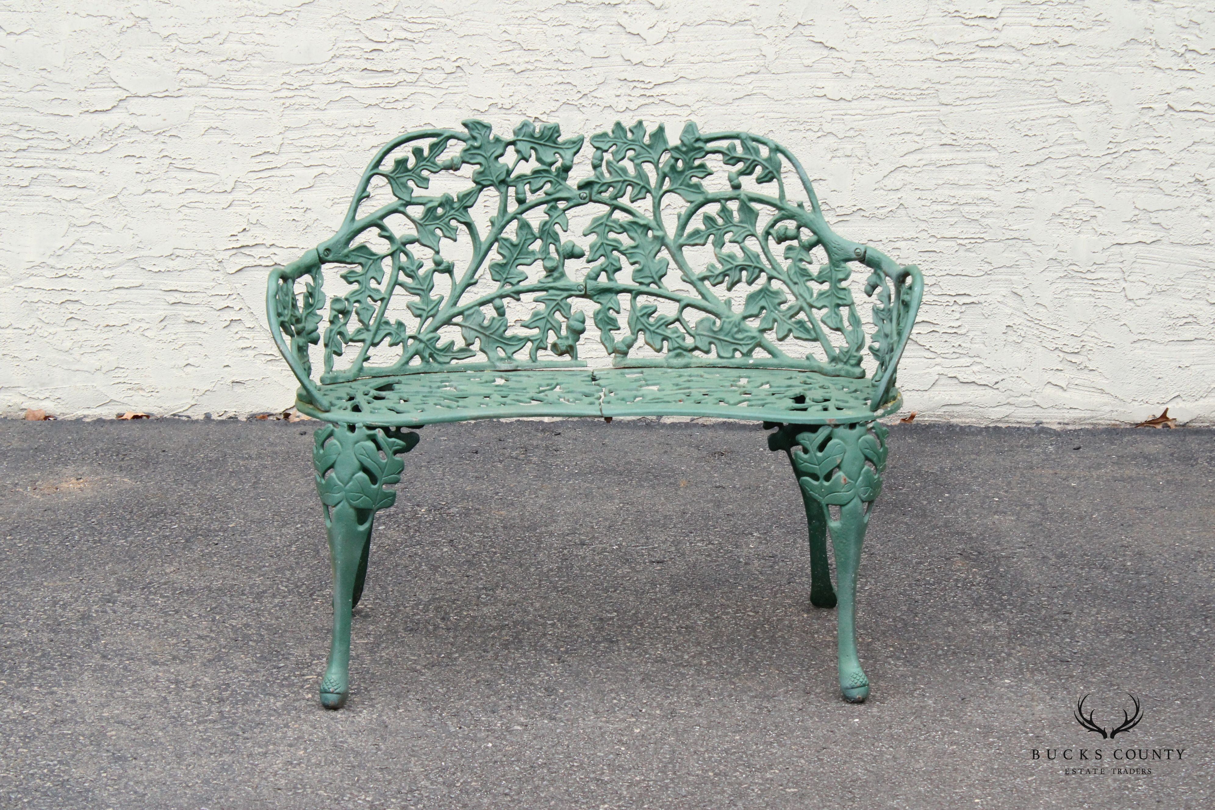 English Traditional Cast Iron Oak and Acorn Outdoor Garden Bench