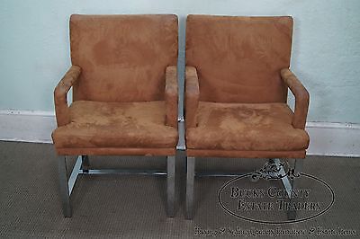 Milo Baughman Mid Century Modern Pair of Chrome Frame Arm Chairs