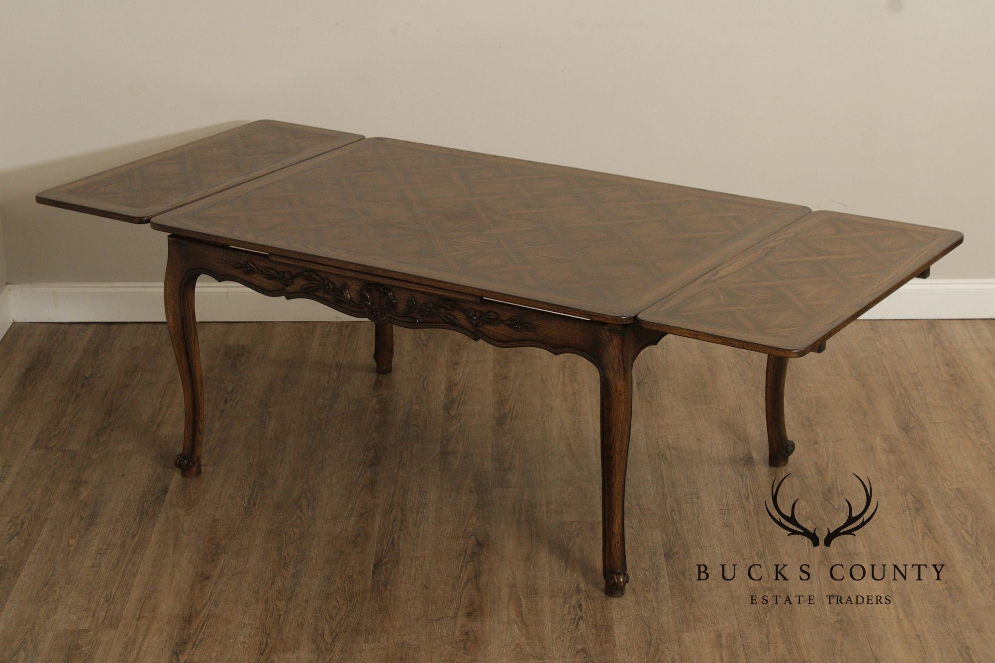 French Country Style Oak Parquetry Top Draw Leaf Dining Table