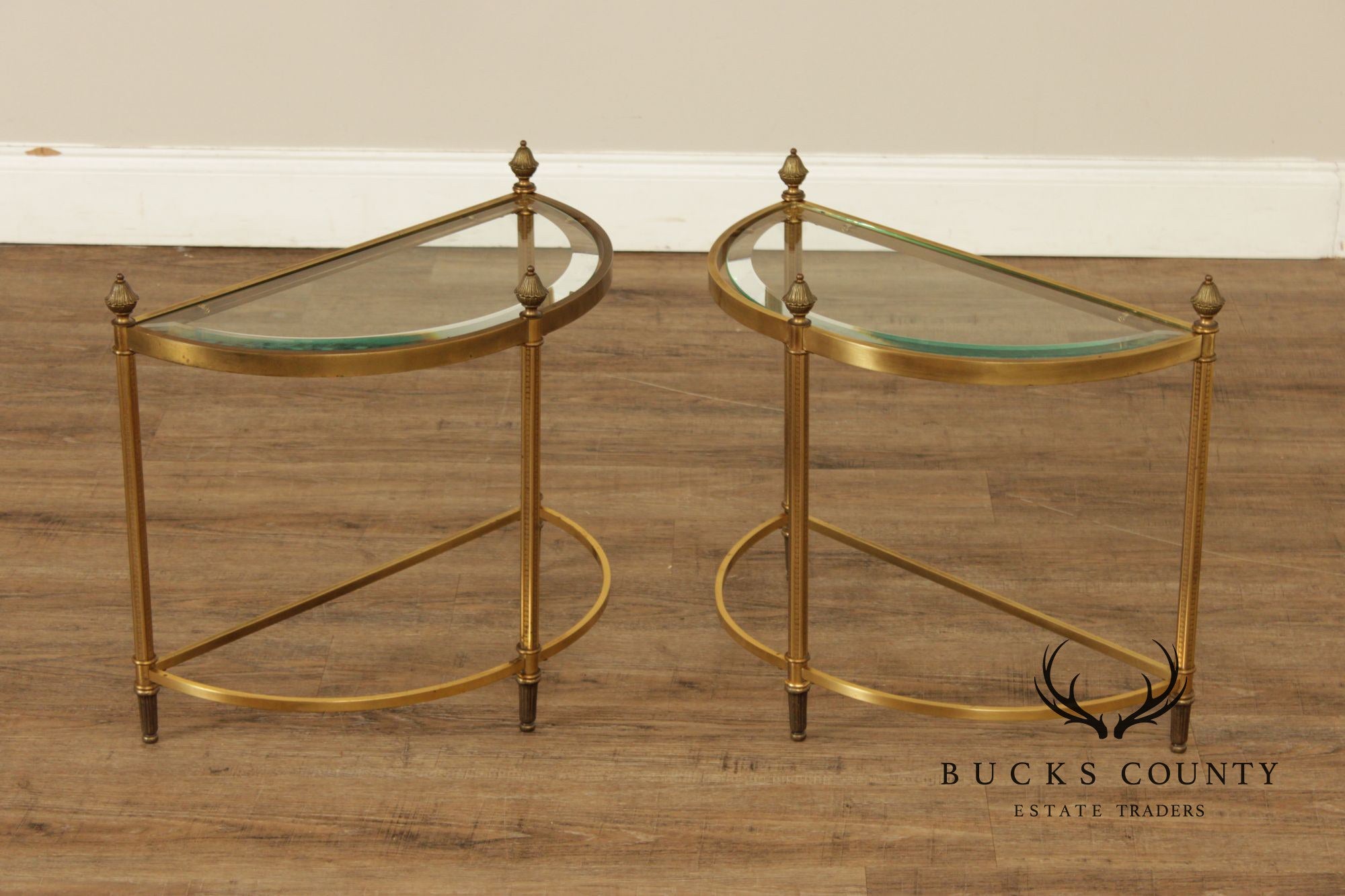 Hollywood Regency Pair of Glass Top Demilune Side Tables