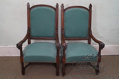 Antique 19th Century Pair of Gothic Oak Throne Arm Chairs