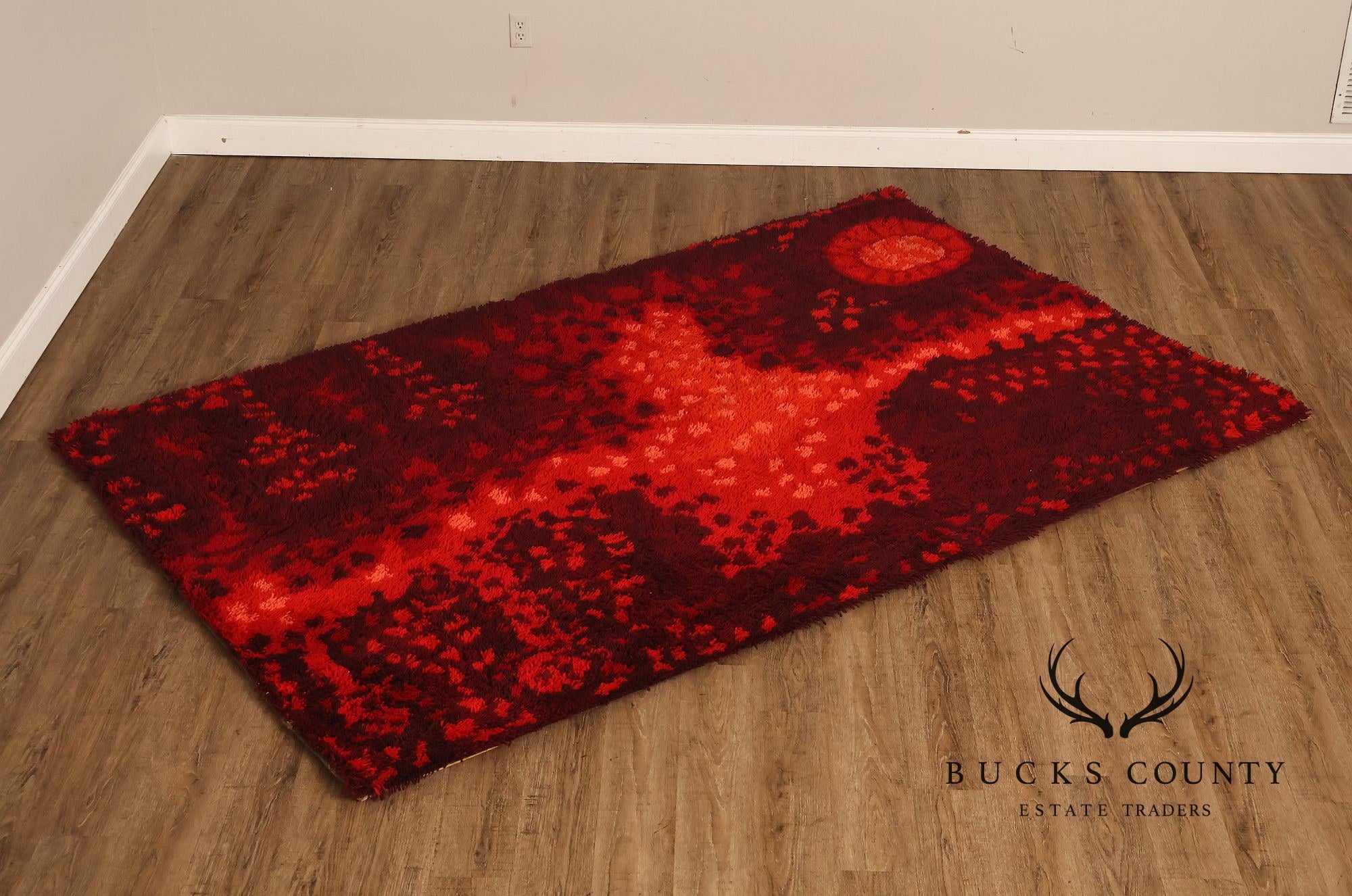 Mid Century Modern Scandinavian Rya Wool Abstract Red Shag Area Rug / Textile Wall Hanging by Ritva Puotila