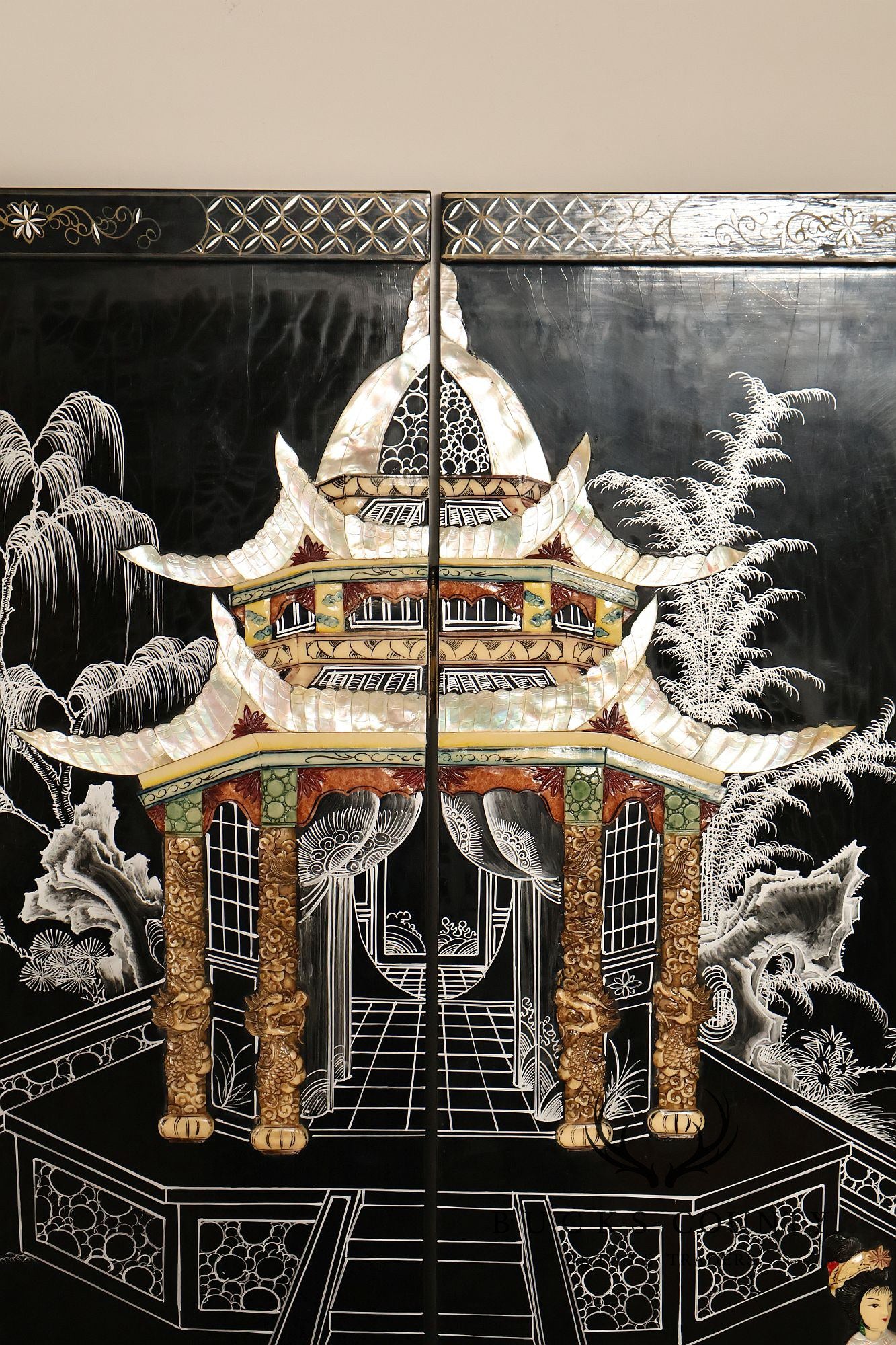 Asian Black Lacquer Vintage Pair Of Four Panel Folding Screens With Mother Of Pearl Inlay