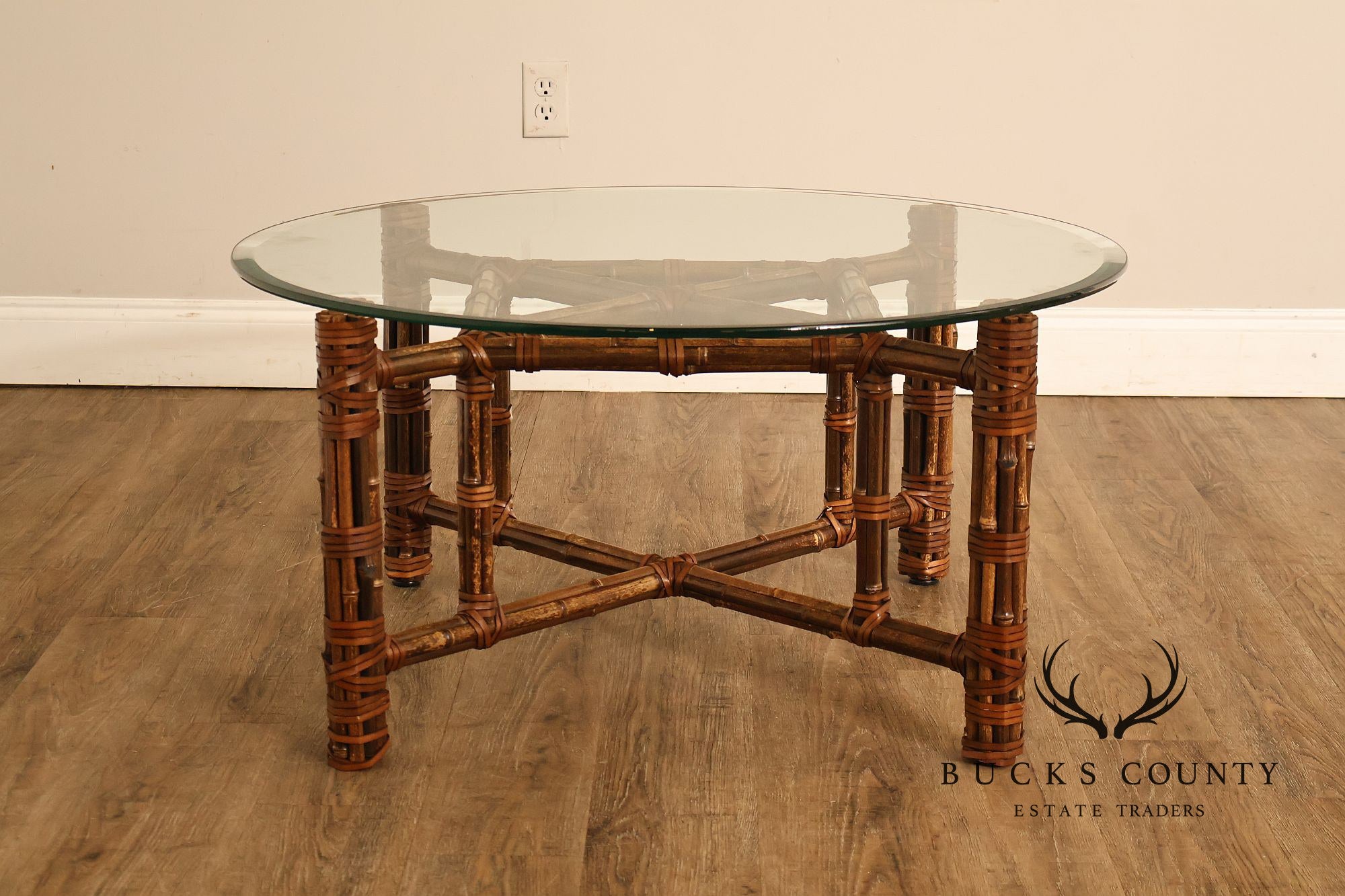 McGuire Bamboo And Rattan Round Glass Top Coffee Table