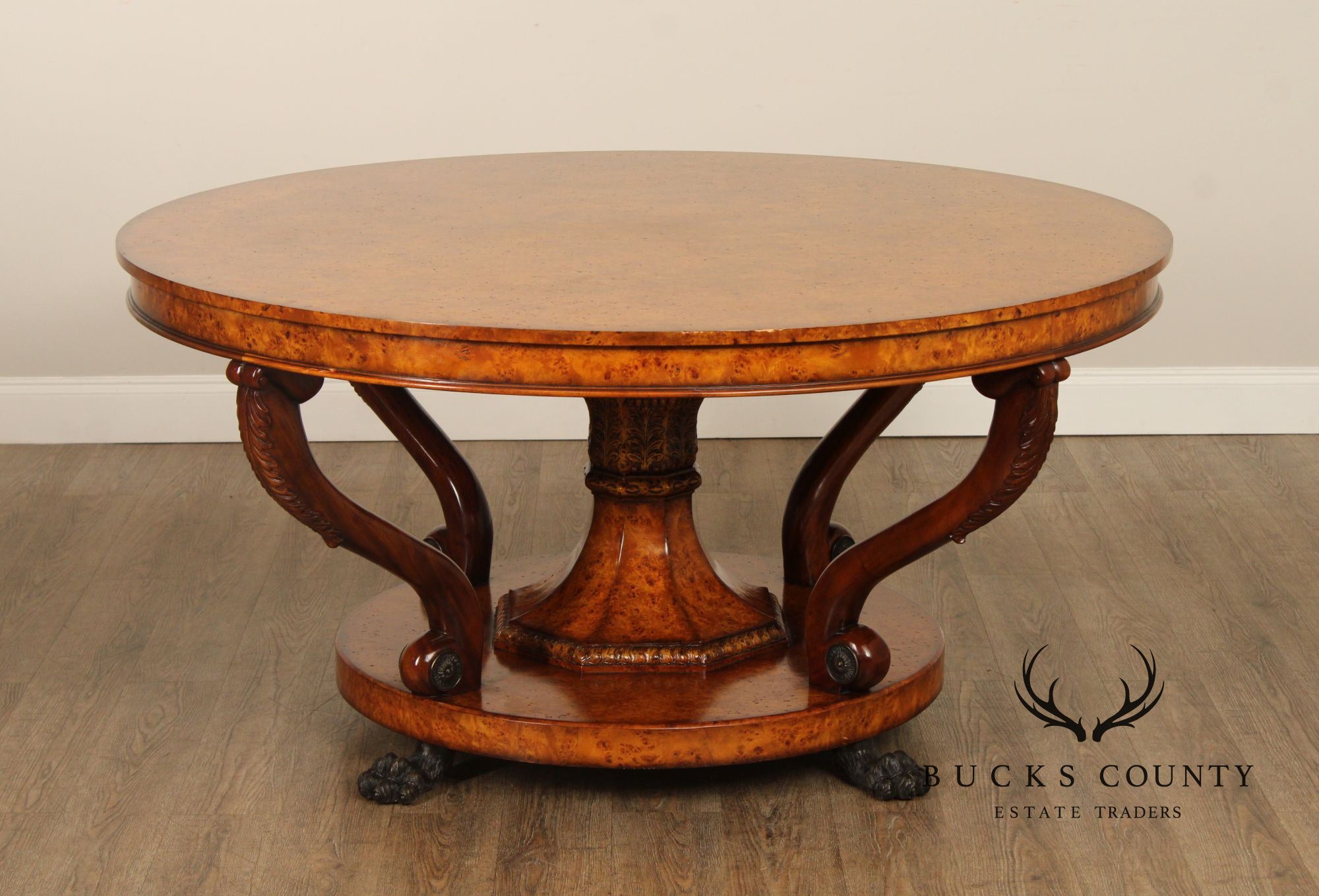 Theodore Alexander Empire Style Burl Wood Large Round Center Table