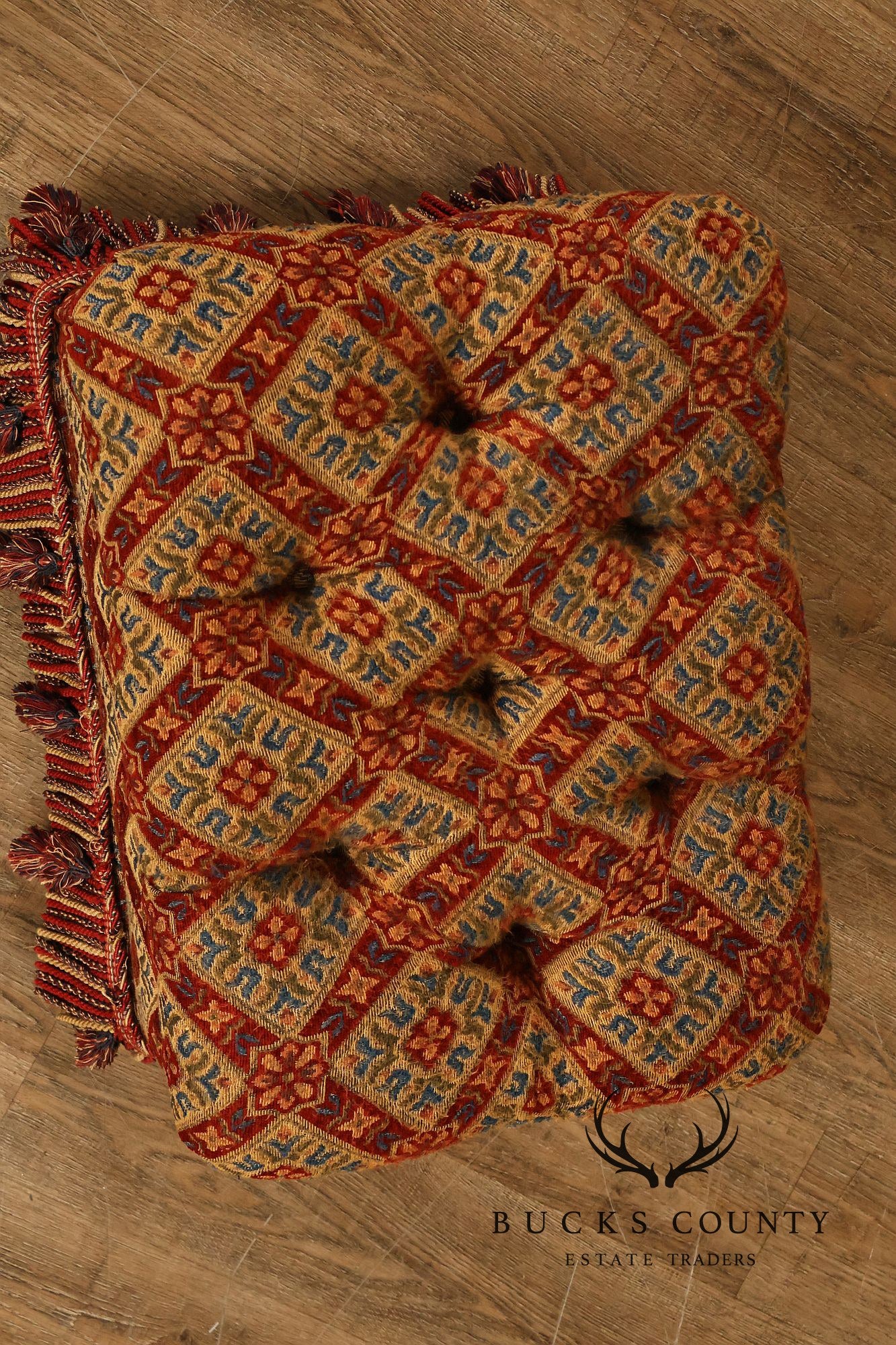 Pair of Tufted Upholstered Tassel Fringe Footstools Ottomans