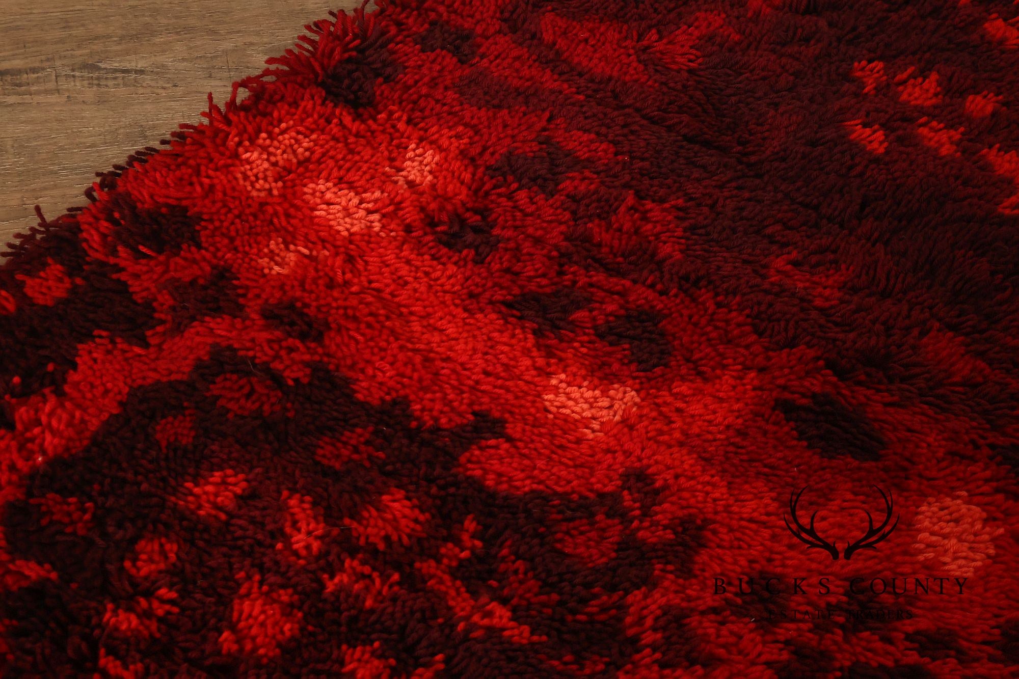 Mid Century Modern Scandinavian Rya Wool Abstract Red Shag Area Rug / Textile Wall Hanging by Ritva Puotila