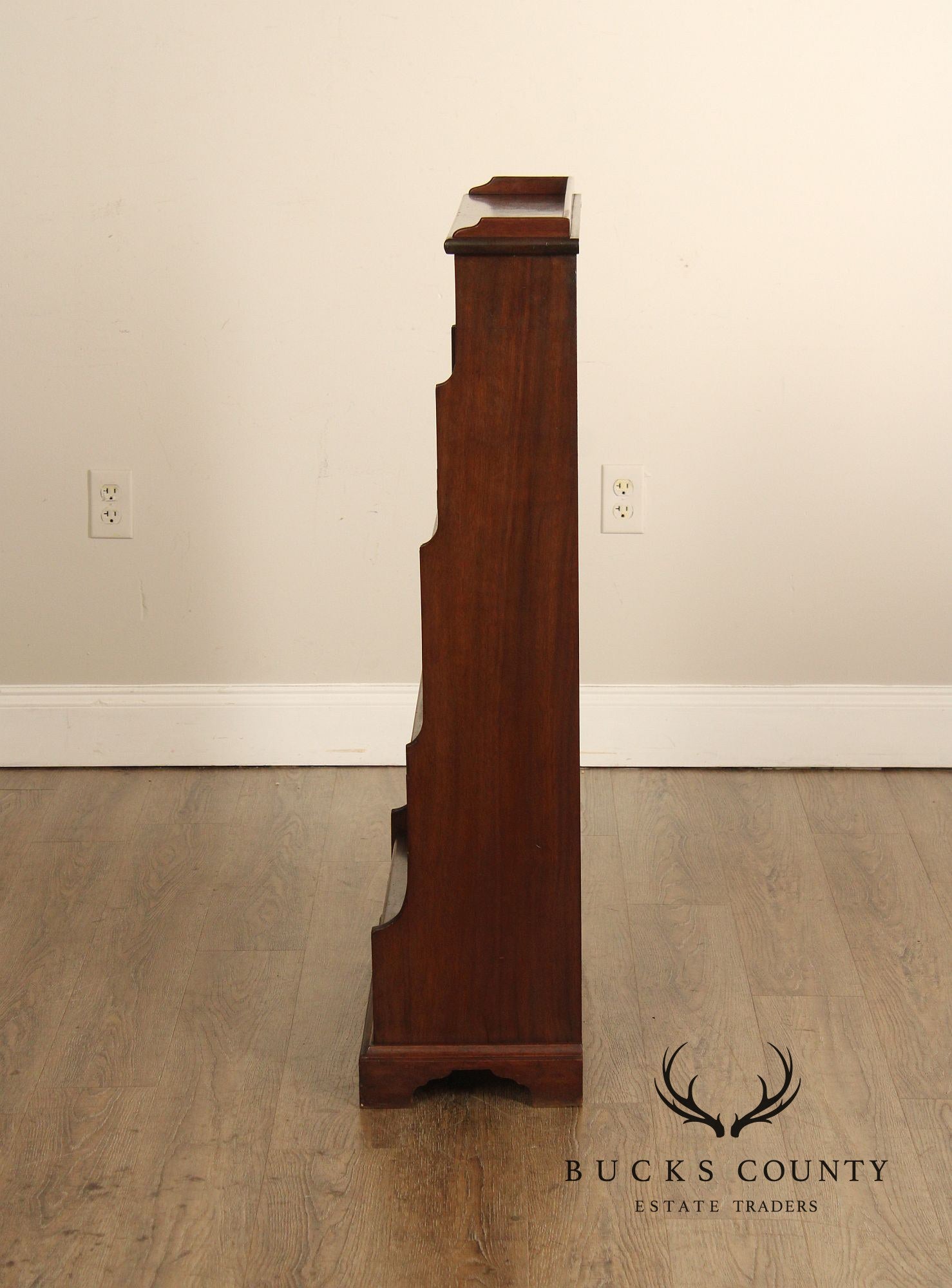 Vintage Georgian Style Narrow Mahogany Waterfall Open Bookcase With Drawer