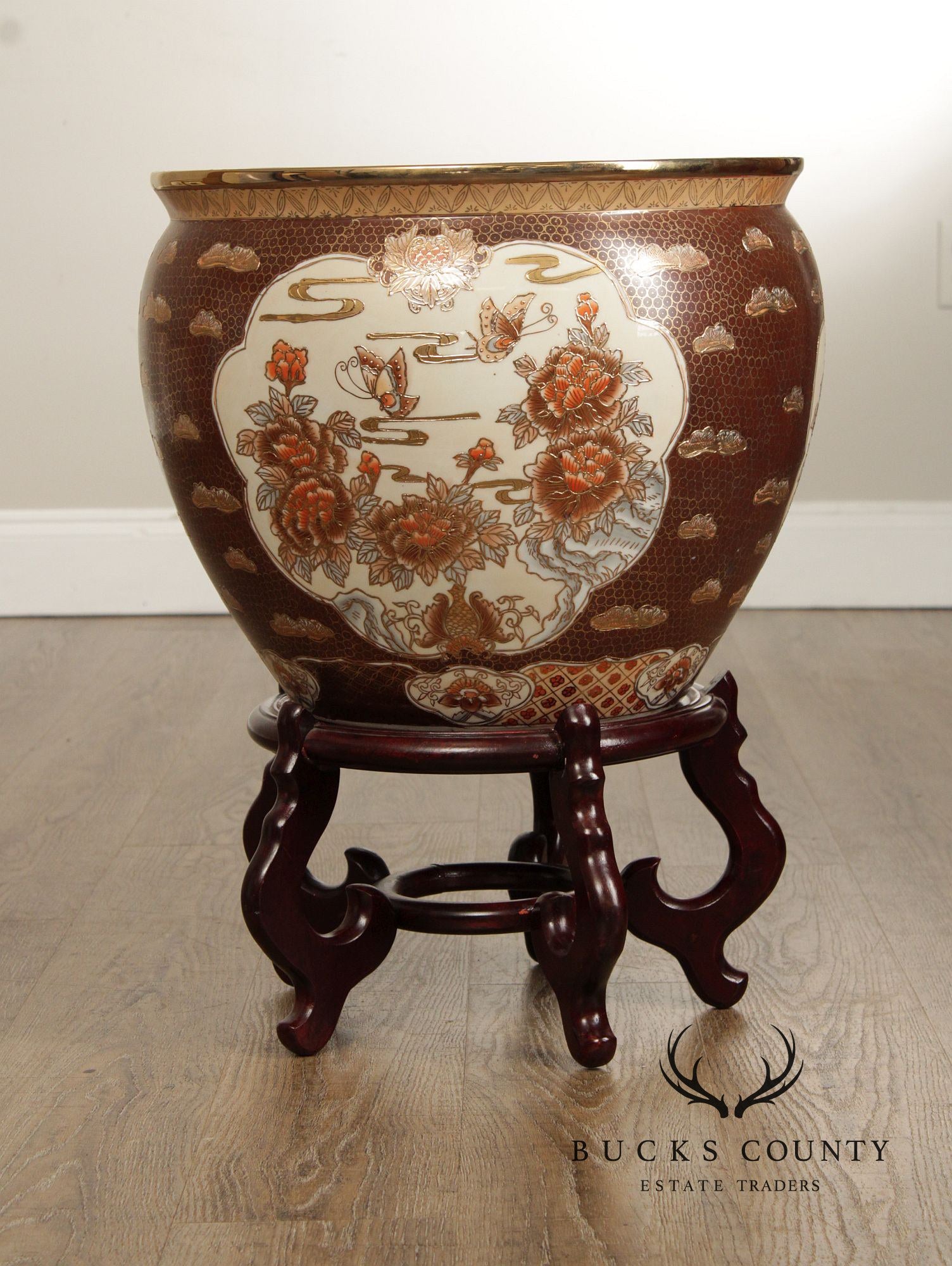 Vintage Chinese Porcelain Fishbowl Planter on Stand