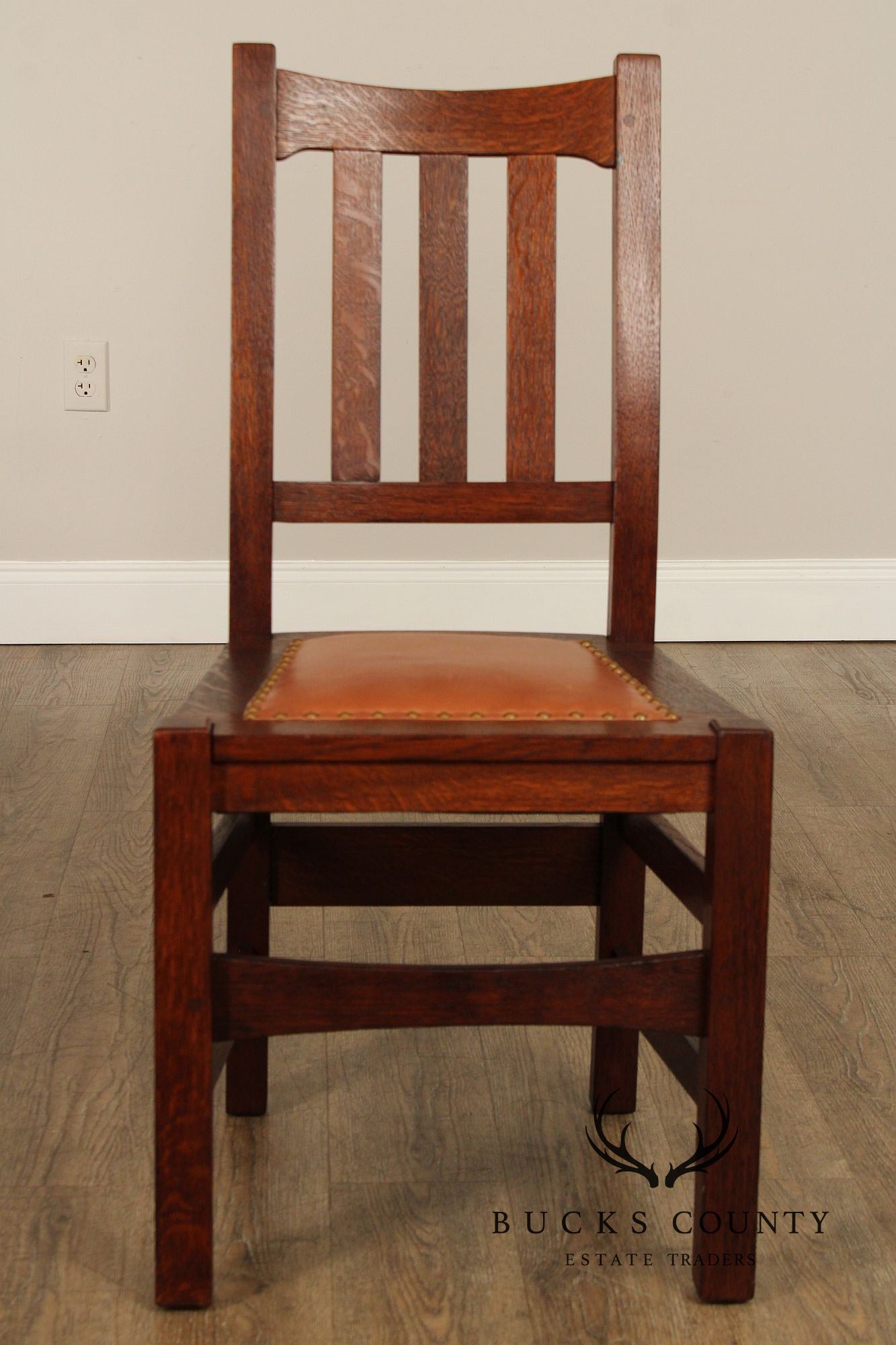 Stickley Brothers Set of Eight Mission Oak and Leather Dining Chairs