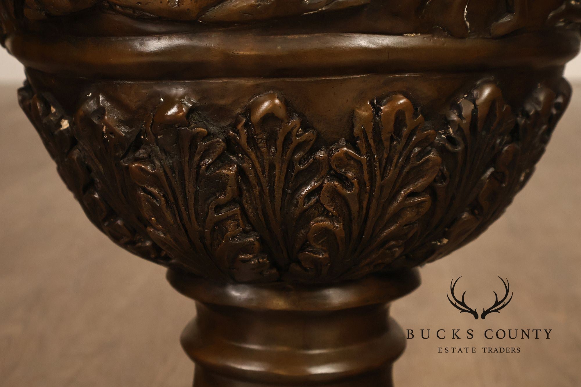 Neoclassical Style Large Pair Of Cast Bronze Covered Urns With Figural Relief