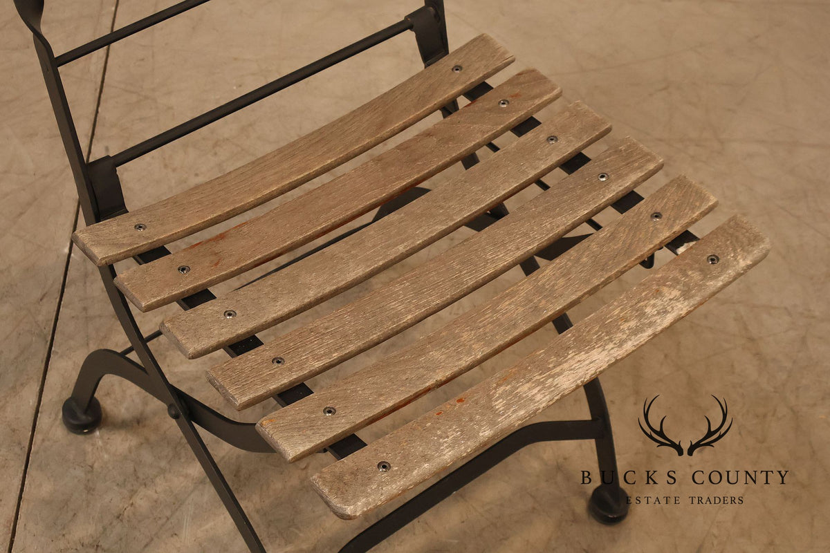French Style Set of Four Teak and Wrought Iron Bistro Chairs