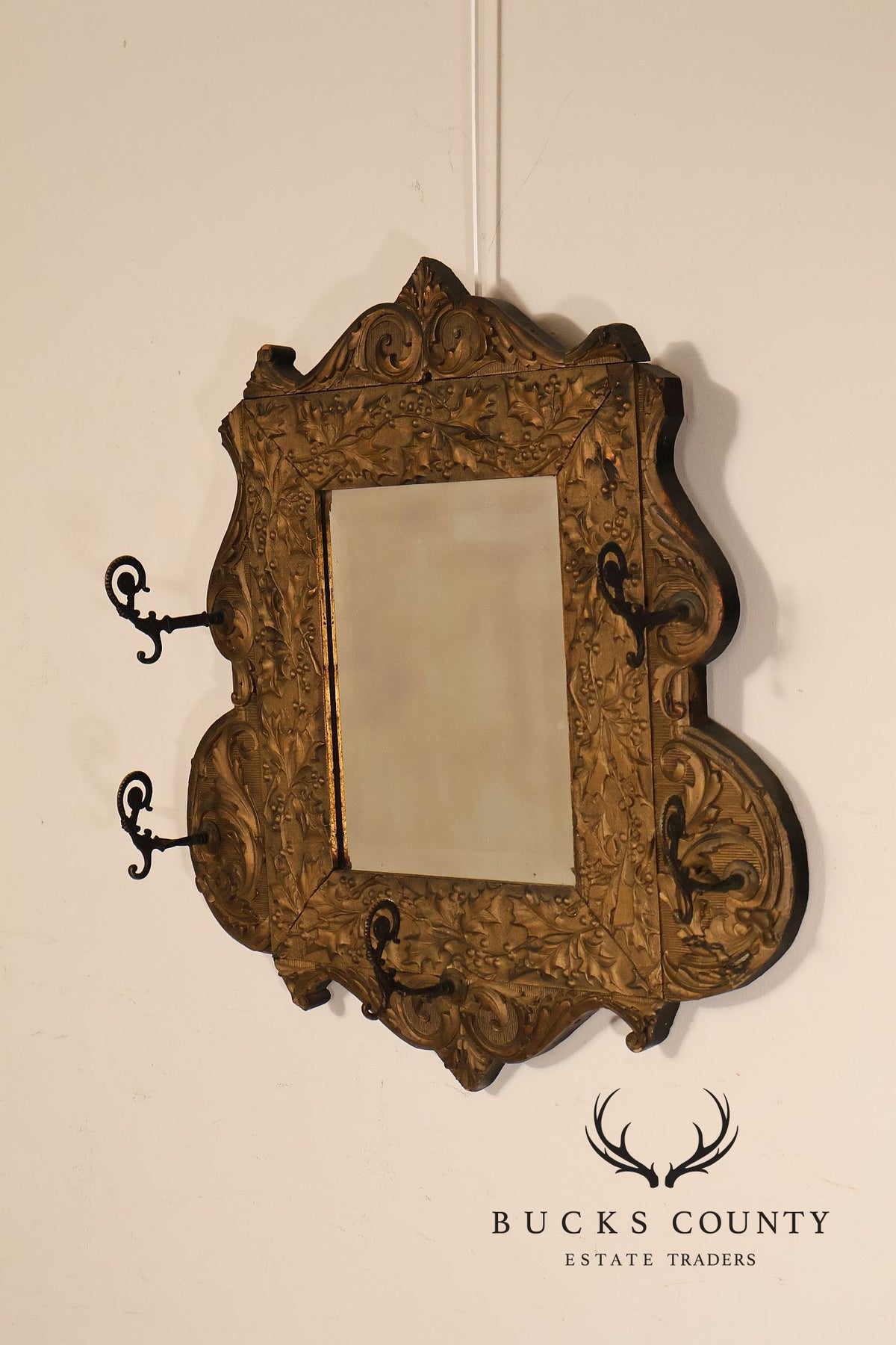 Antique Carved Gilt Wood Wall Mirror With Wrought Iron Hooks