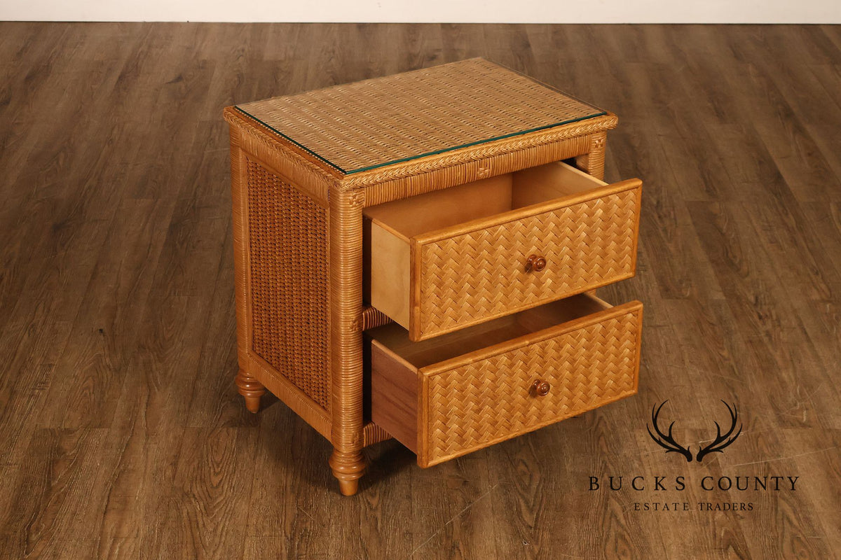 Coastal Style Pair Of Wicker And Cane Two Drawer Nightstands With Glass Tops