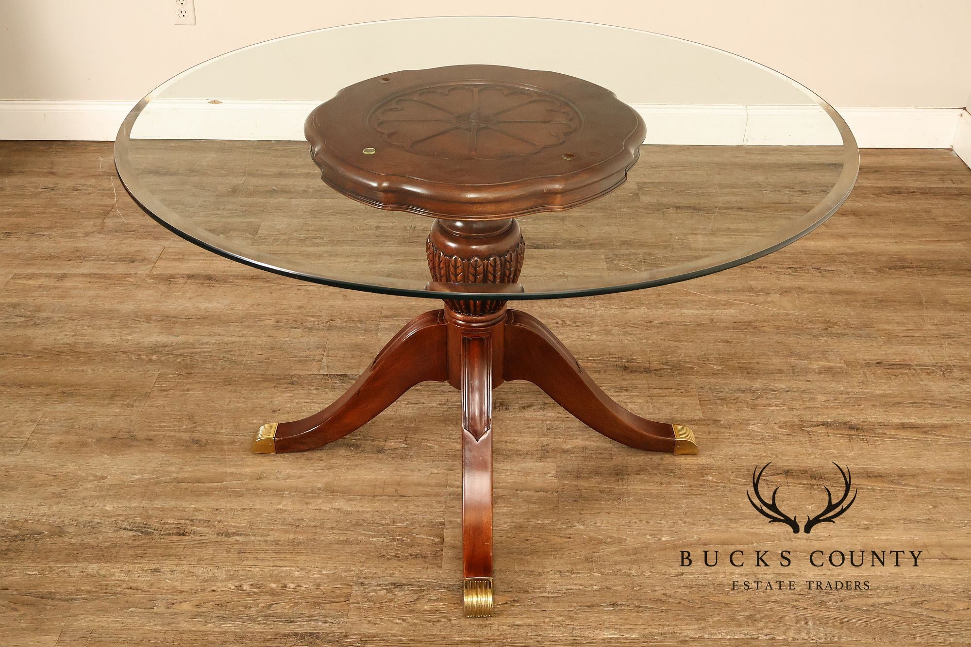 Lexington Furniture Round Glass Top Carved Mahogany Pedestal Table with Center Medallion