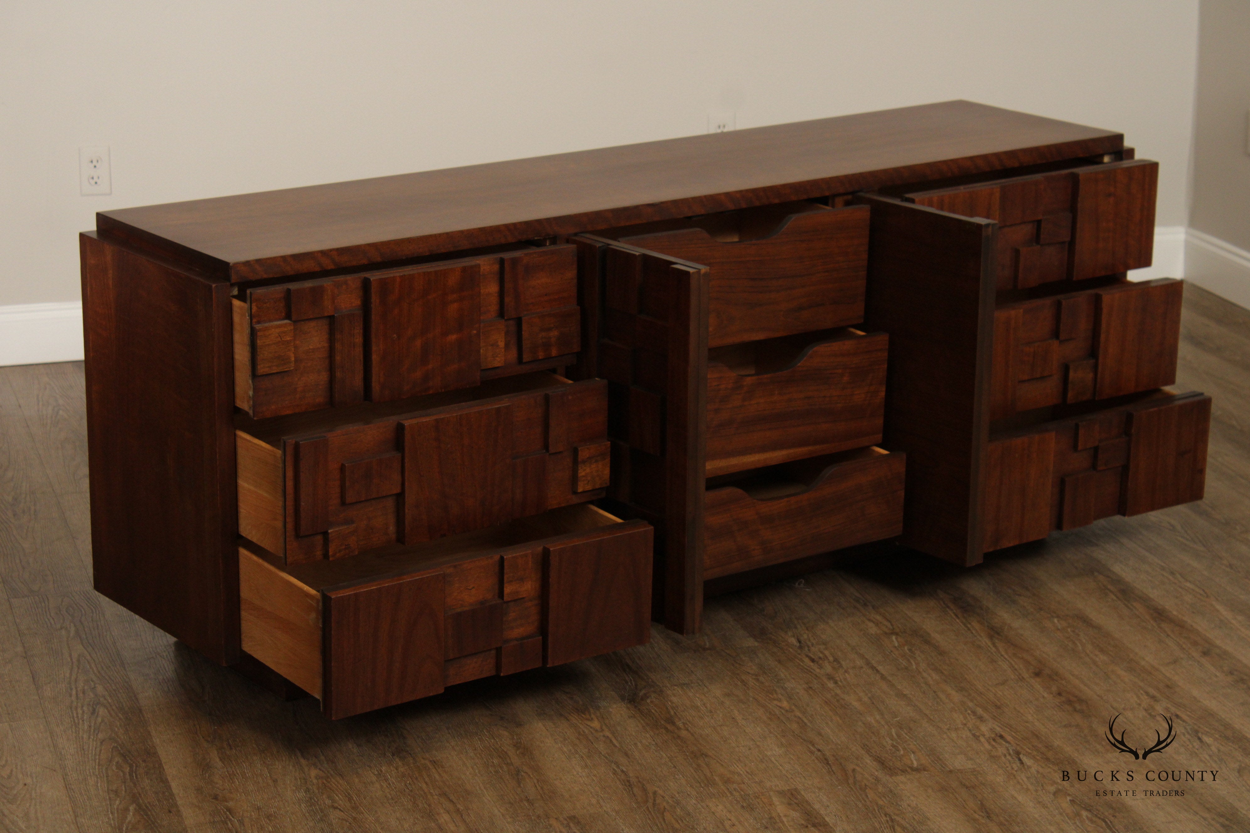 Lane 'Staccato' Brutalist Mid Century Modern Walnut Triple Dresser