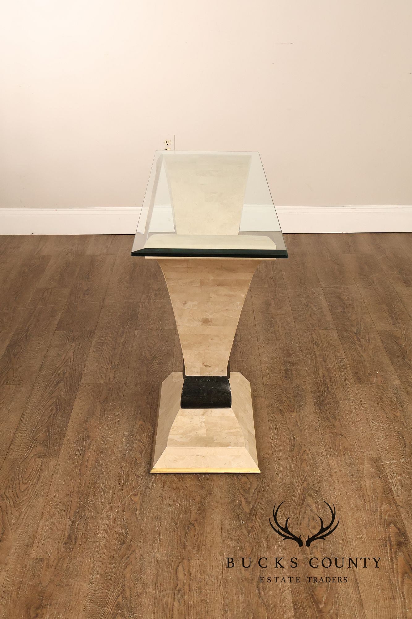 Postmodern Glass Top Travertine Console Table
