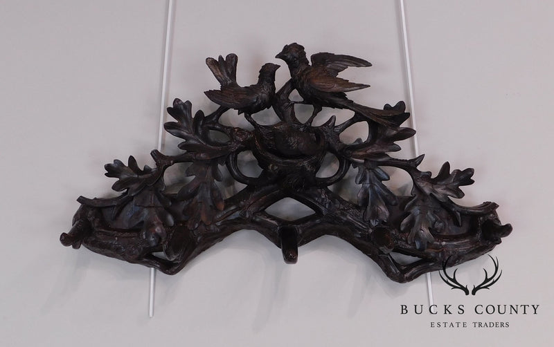 Black Forest Style Carved Wood Hanging Hat Rack with Faux Antler & Carved Birds, Nest