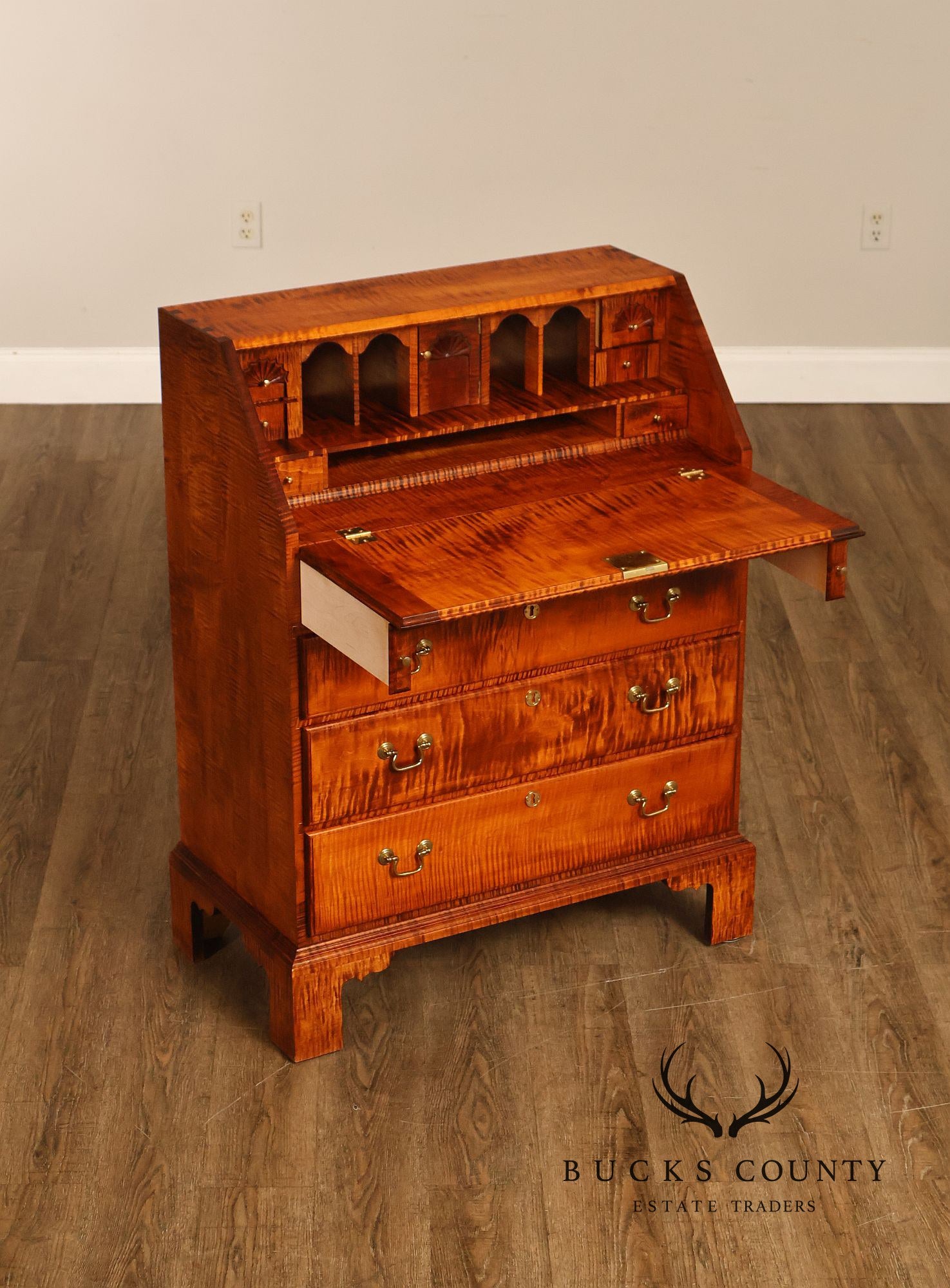 Custom Tiger Maple Slant Drop Front Secretary Desk