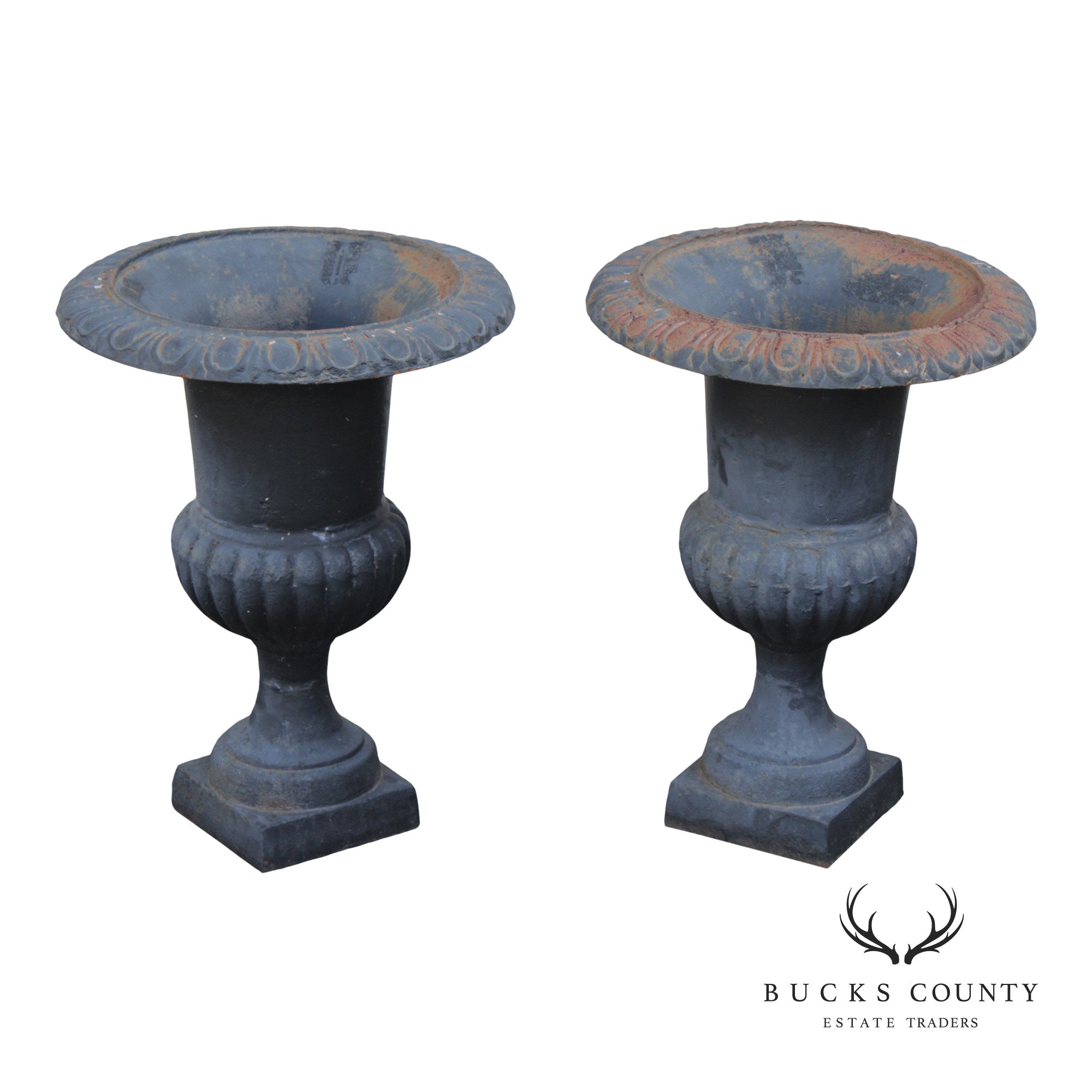 Neoclassical Style Vintage Pair Cast Iron Garden Urn Planters