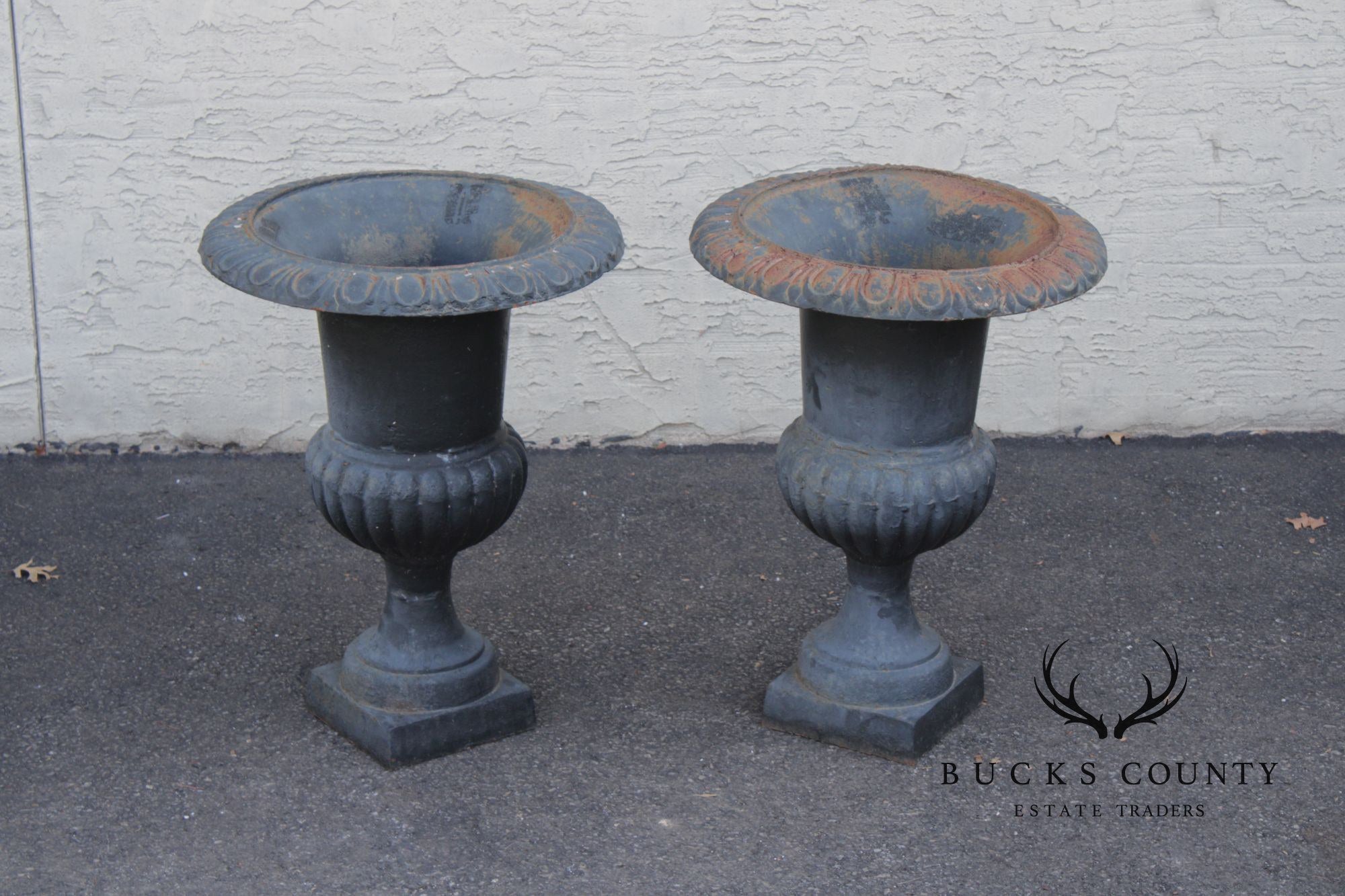 Neoclassical Style Vintage Pair Cast Iron Garden Urn Planters