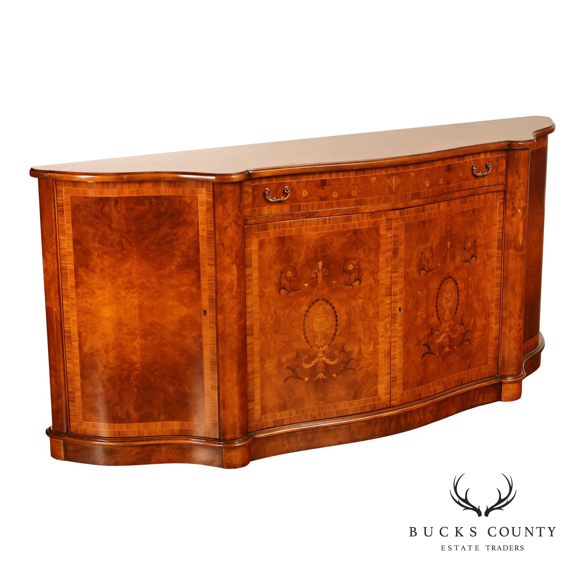 Italian Neoclassical Style Burl Wood Marquetry Inlaid Serpentine Sideboard