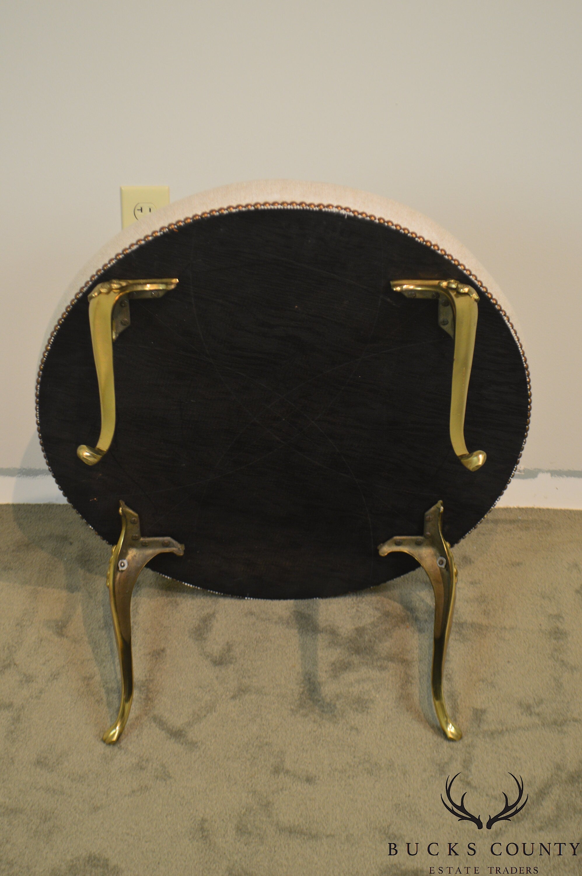 Italian Vintage Brass Frame Round Ottoman or Stool