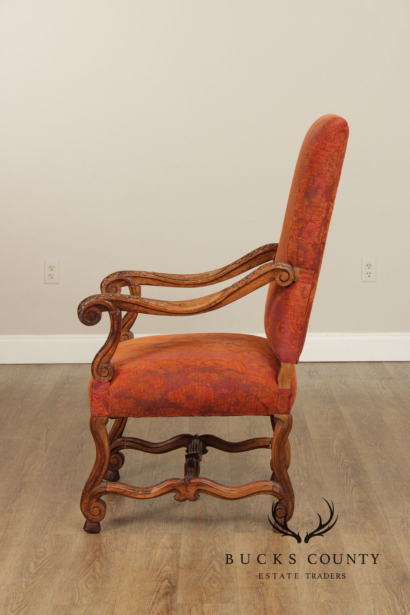 Baroque Style Carved Open Armchair With Upholstered Seat And Back