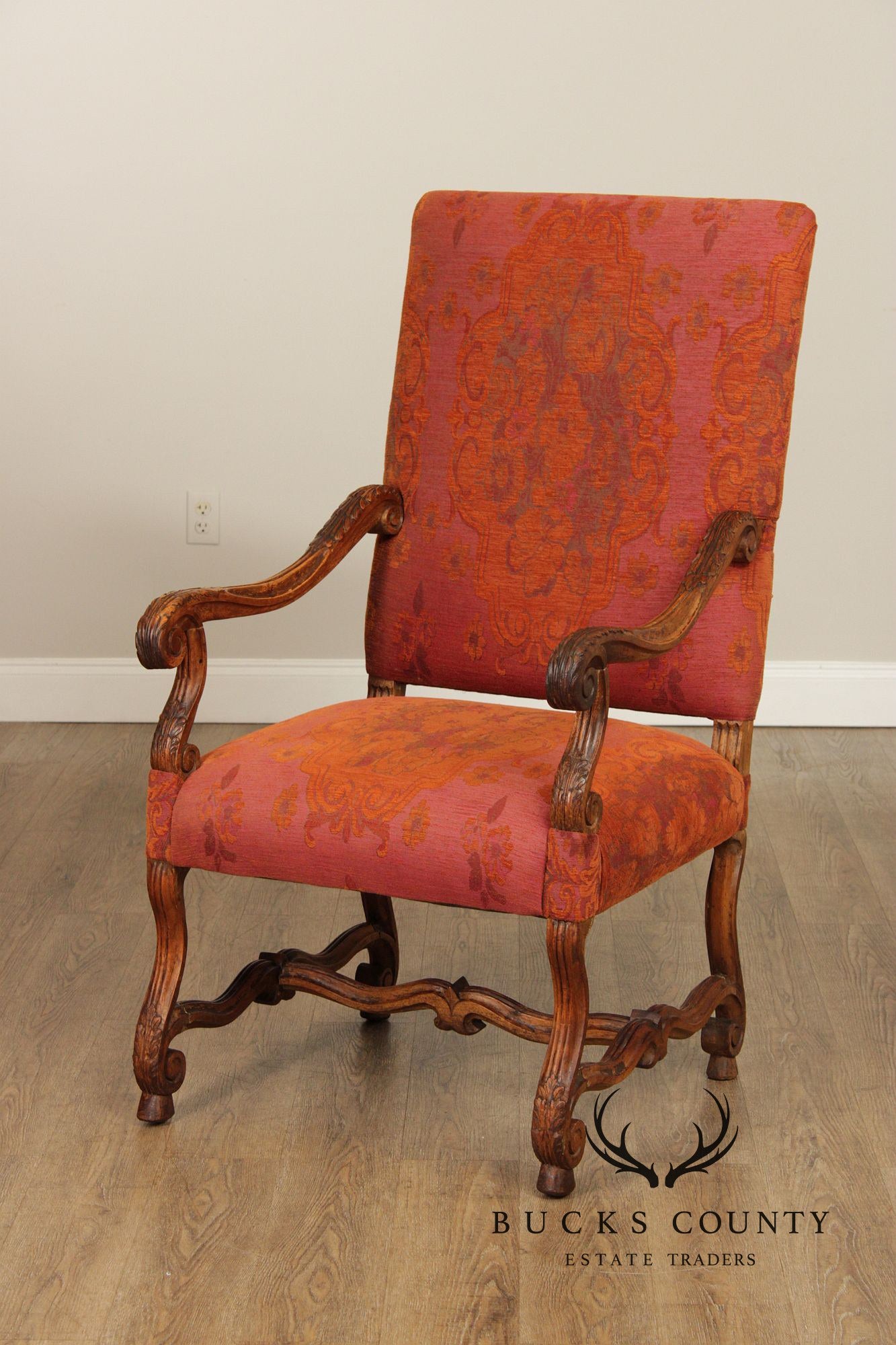 Baroque Style Carved Open Armchair With Upholstered Seat And Back
