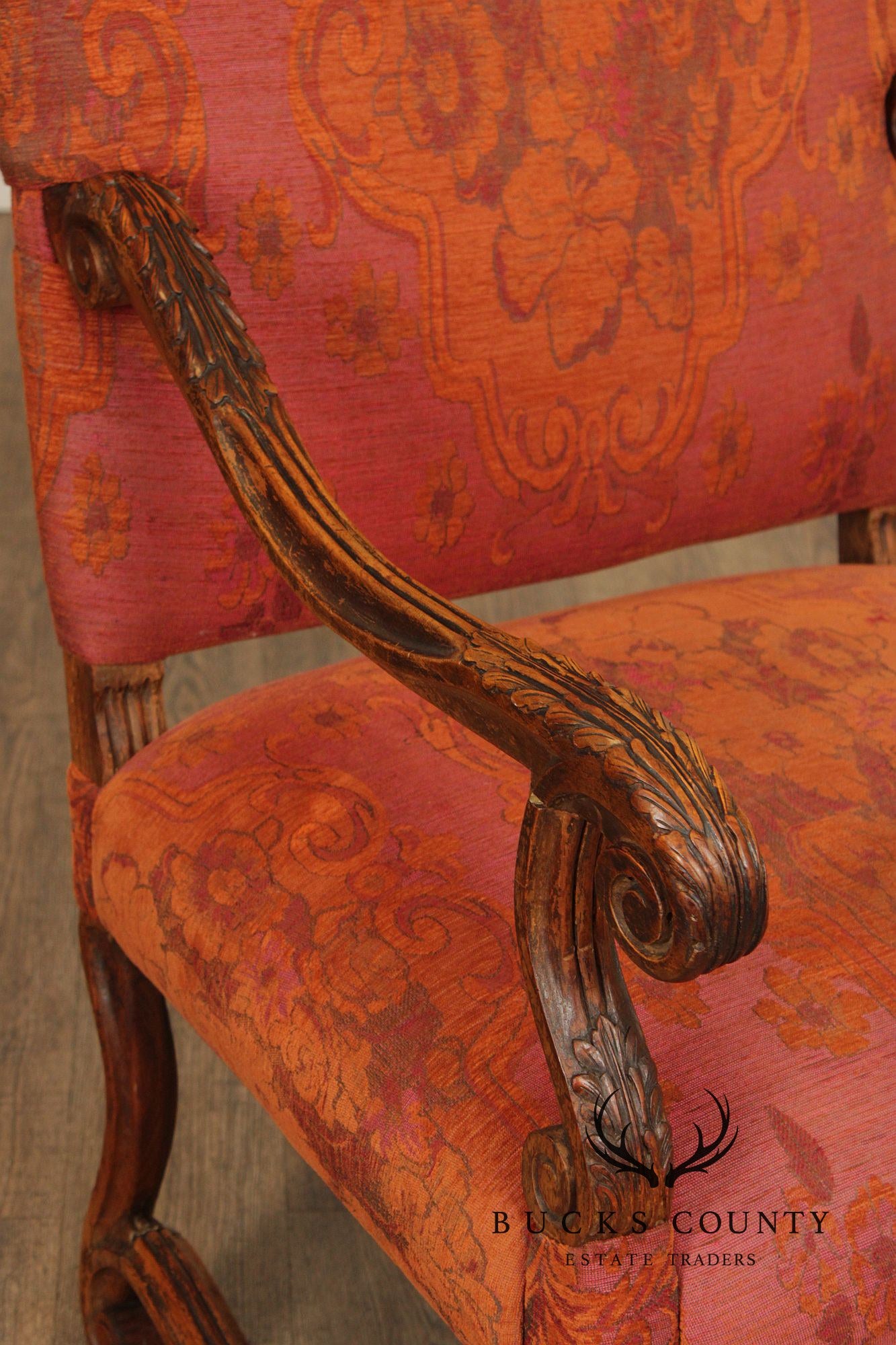 Baroque Style Carved Open Armchair With Upholstered Seat And Back