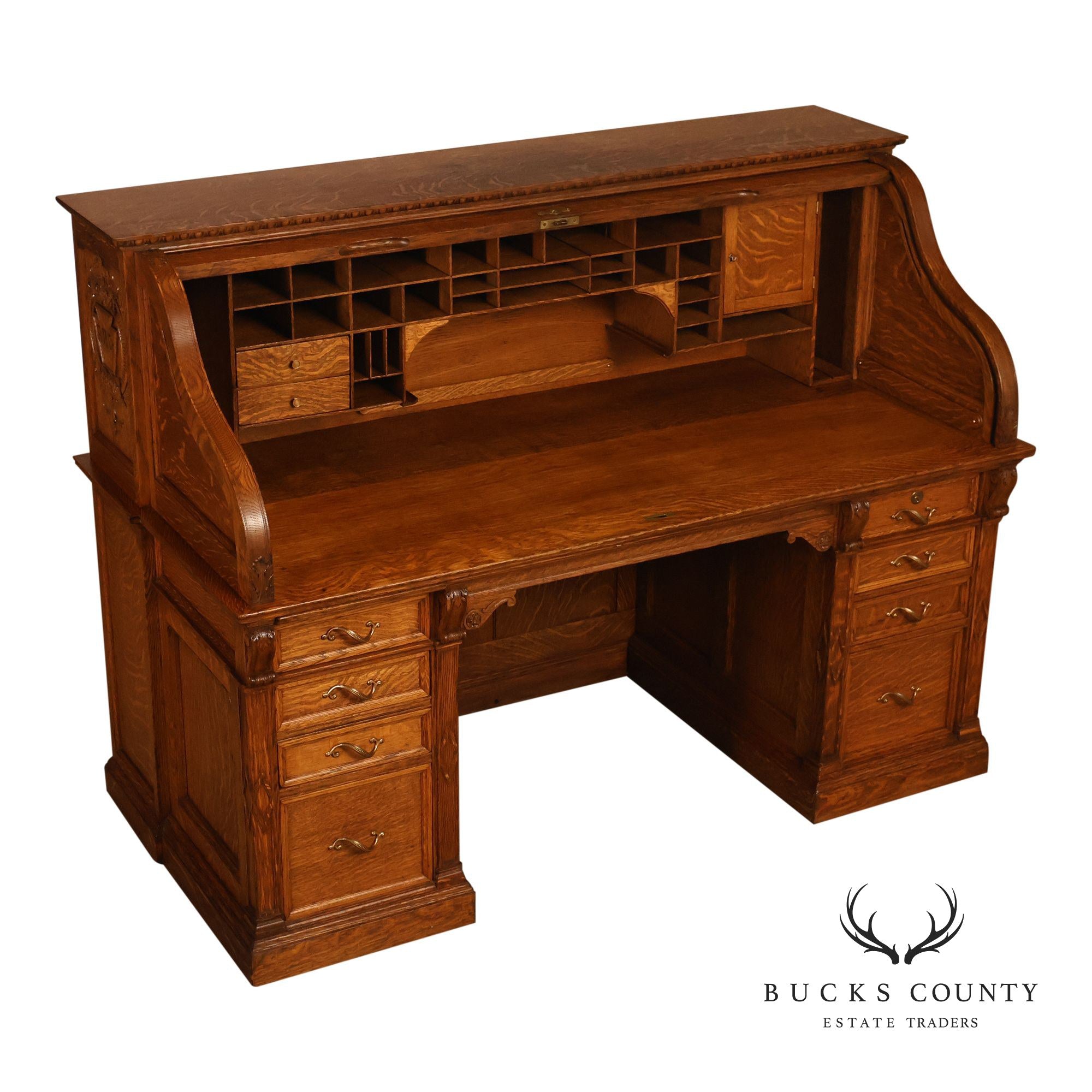Exceptional Antique Quarter Sawn Oak Roll Top Desk With Carved 'Reading Hardware Co." Crest Panel