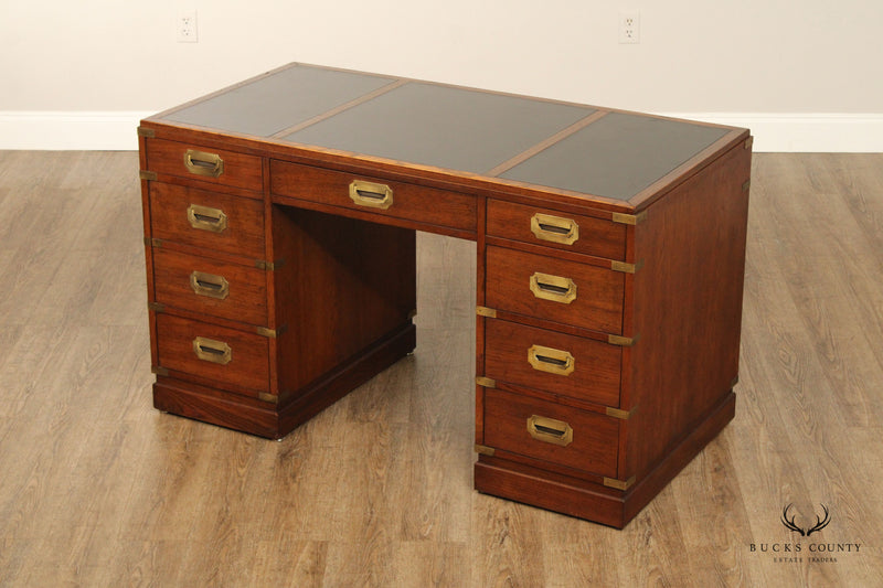 Sligh Campaign Style Vintage Oak and Brass Leather Top Writing Desk
