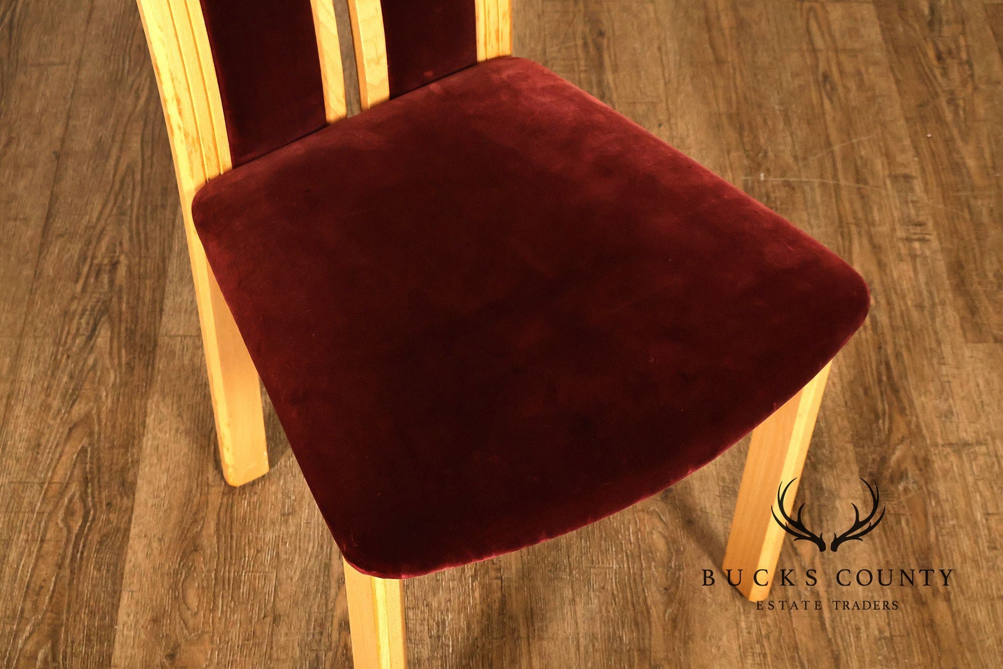 Tonon Set Of Eight Italian Light Wood Modern Dining Chairs With Burgundy Upholstery