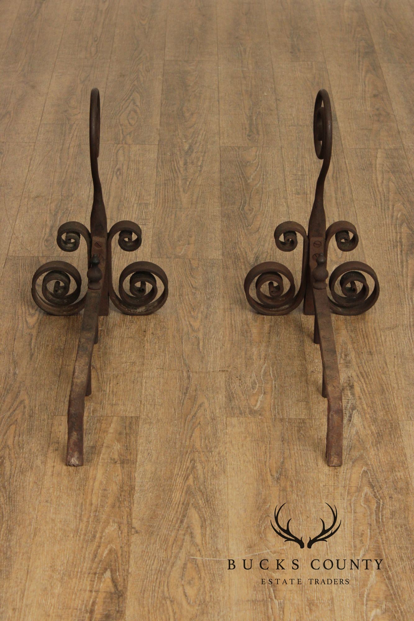 Antique Pair of Hand Forged of Fireplace Andirons
