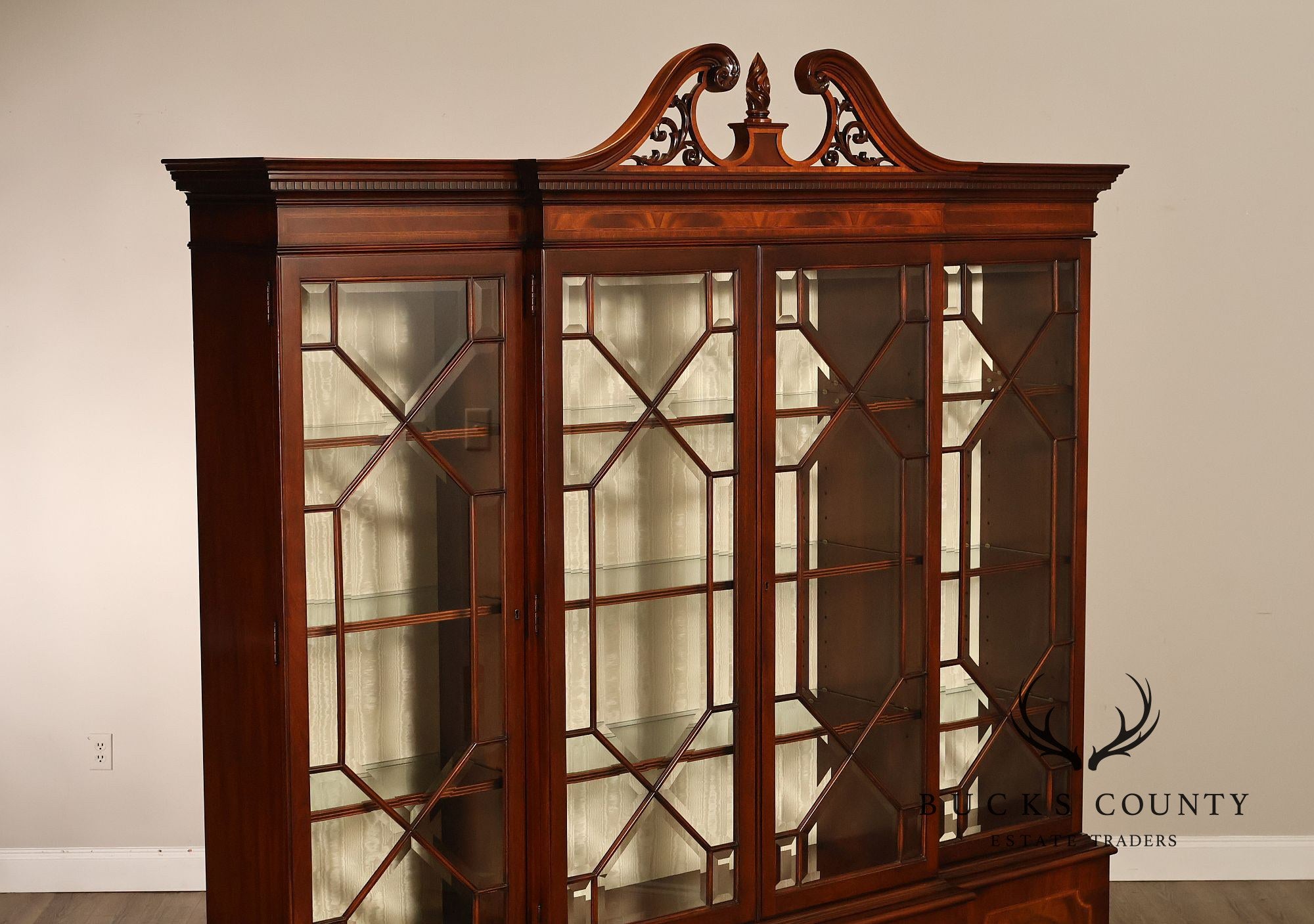 Karges English Style Mahogany Breakfront China Cabinet Display Bookcase with Carved Pediment and Silk Backing