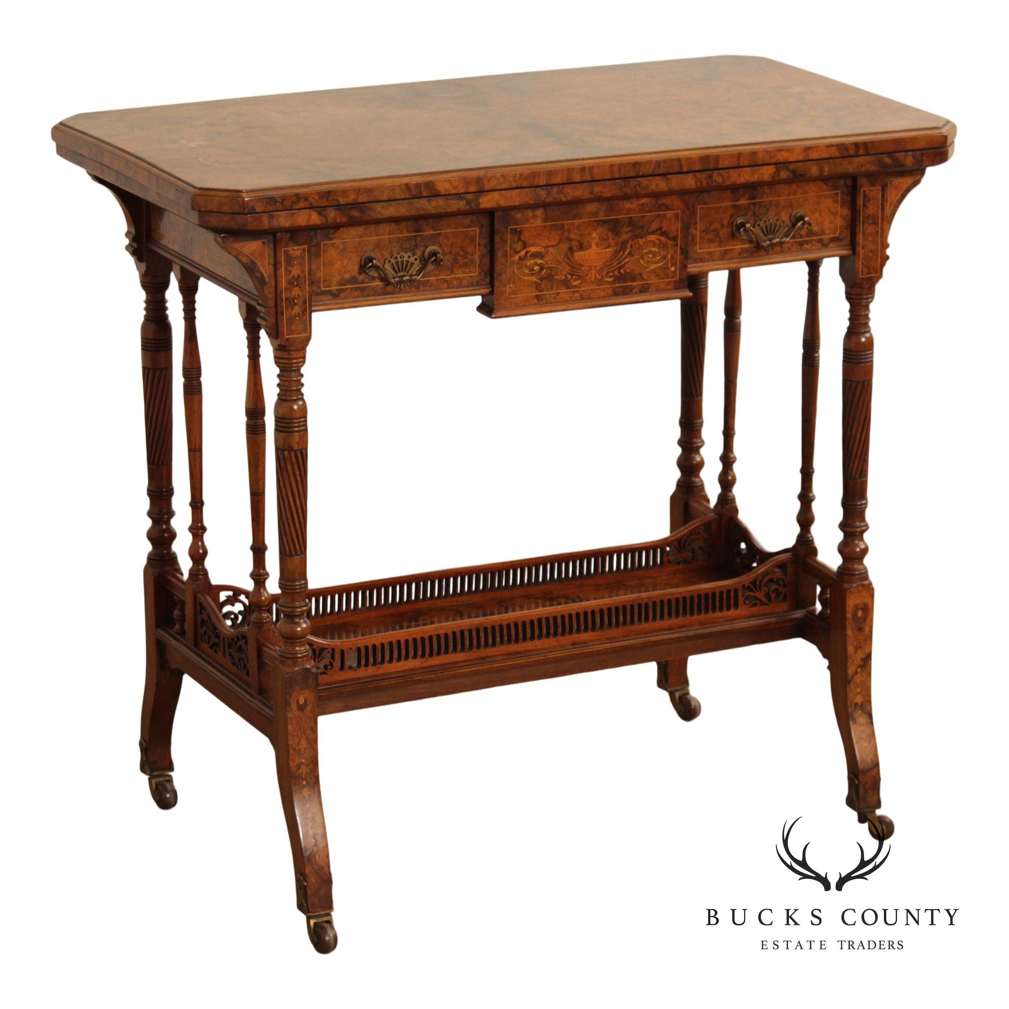 Antique English Burl Walnut Inlaid Games Table