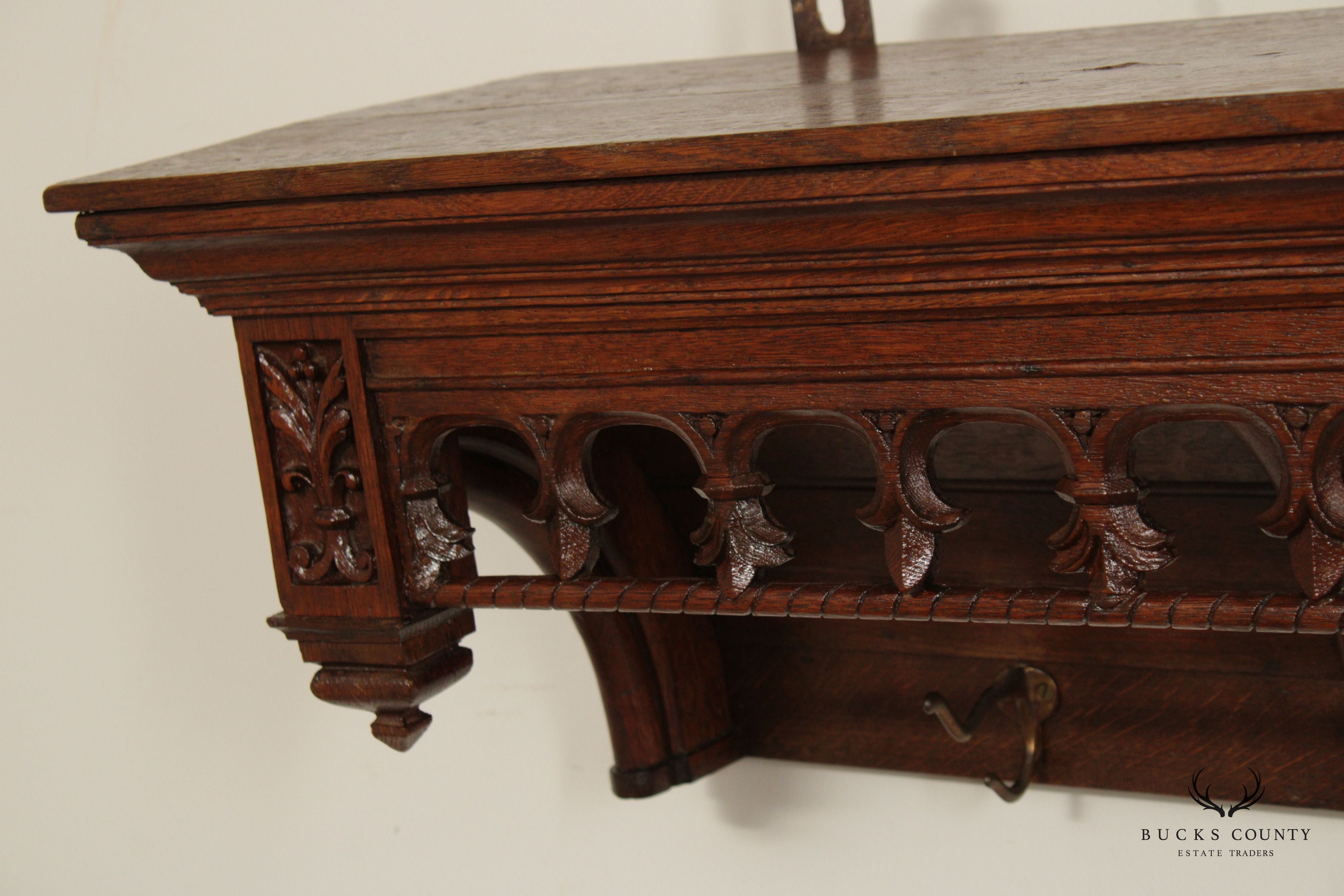 Antique French Gothic Revival Carved Oak Coat Rack Wall Shelf