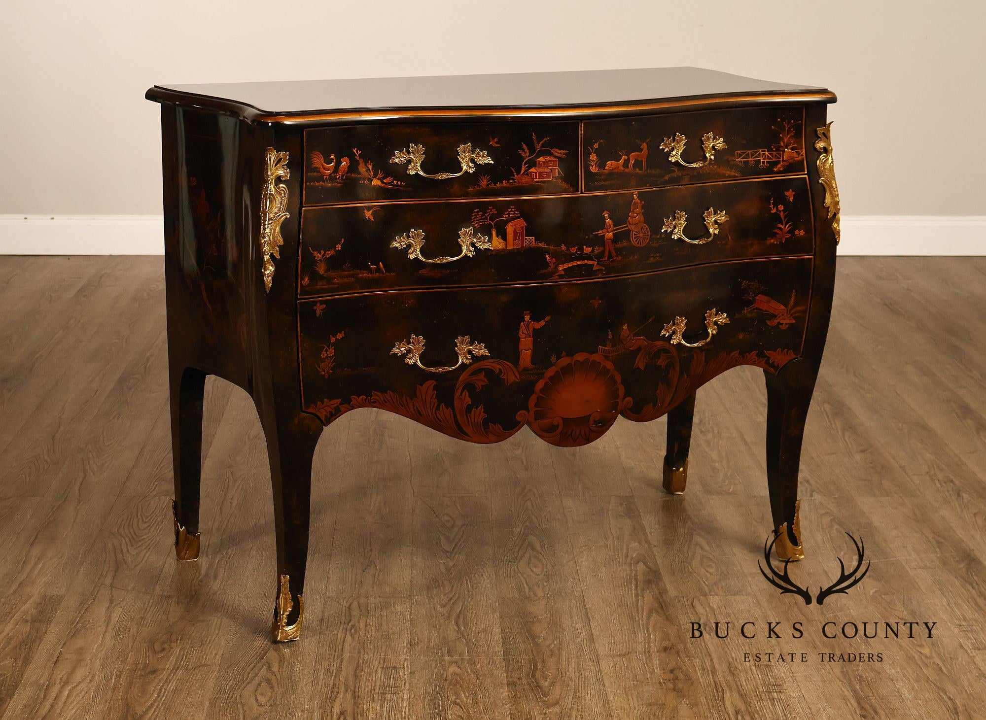 Maitland Smith Chinoiserie Hand Painted Bombe Chest