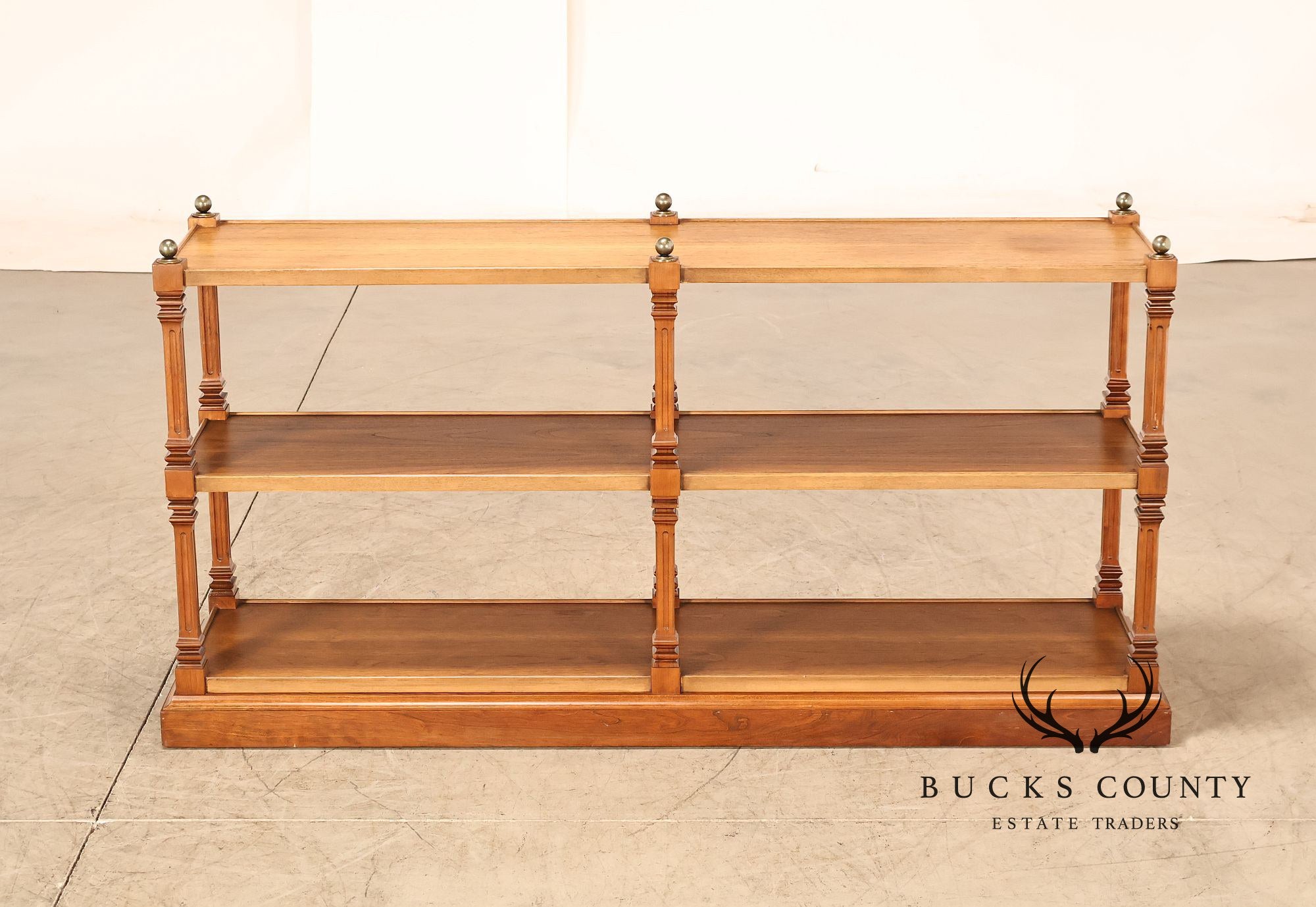 Brandt Furniture Regency Style Walnut Three-Tier Open Etagere Bookcase With Brass Ball Finials