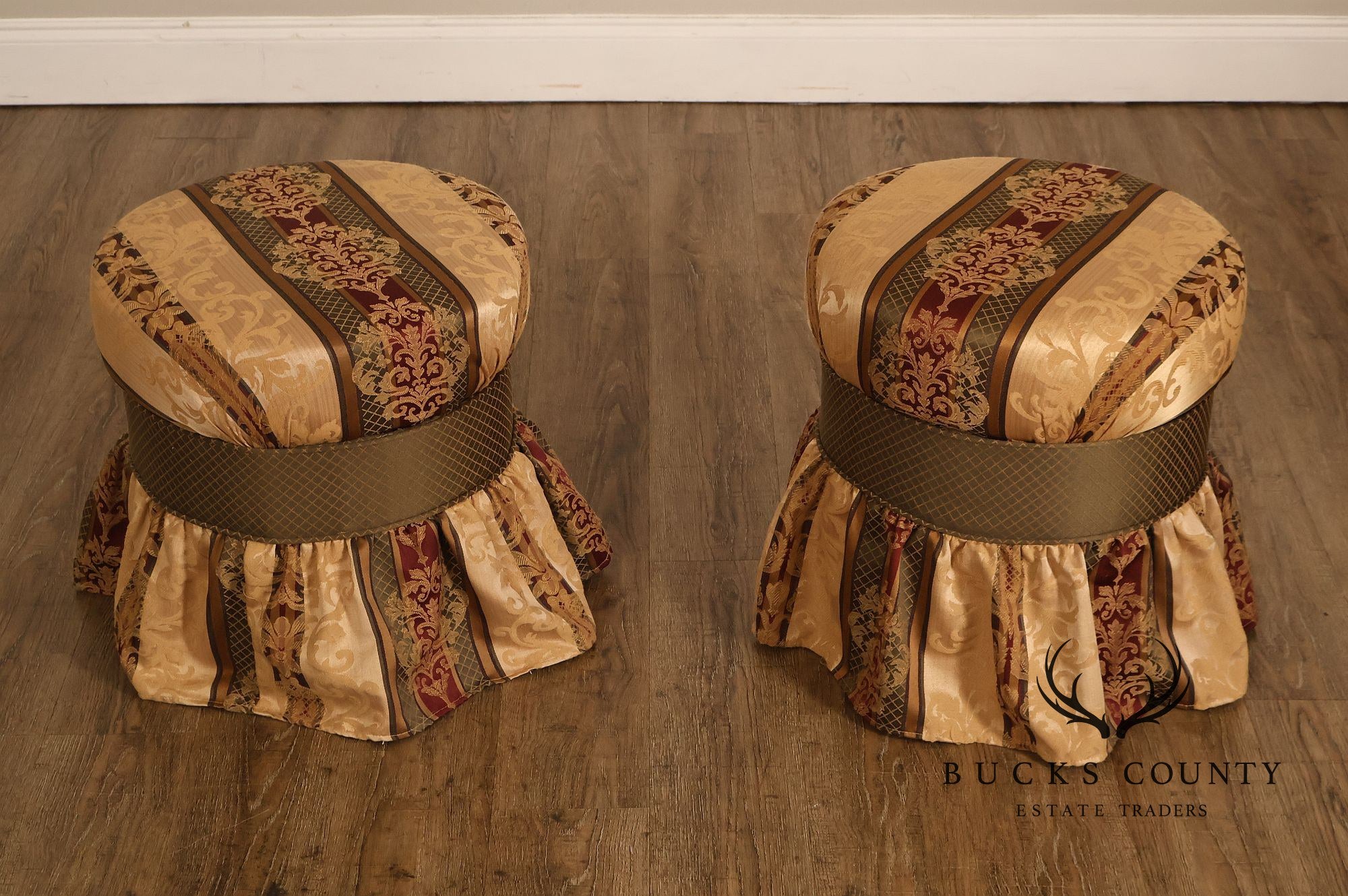Pair Of Traditional Upholstered Skirted Round Ottomans