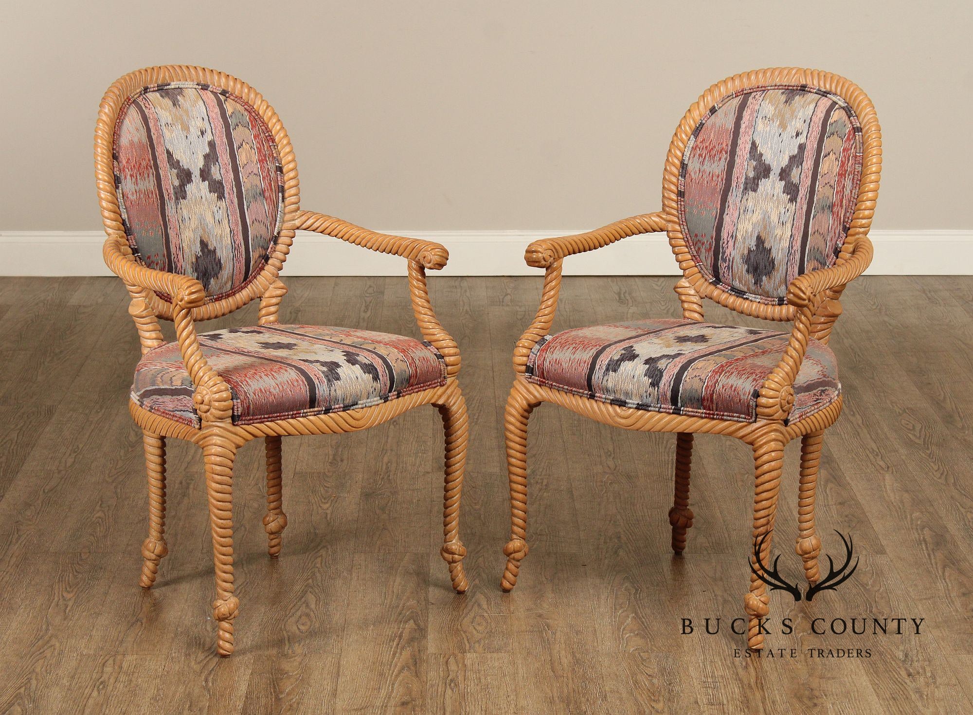 Italian Pair of Roped Carved Armchairs