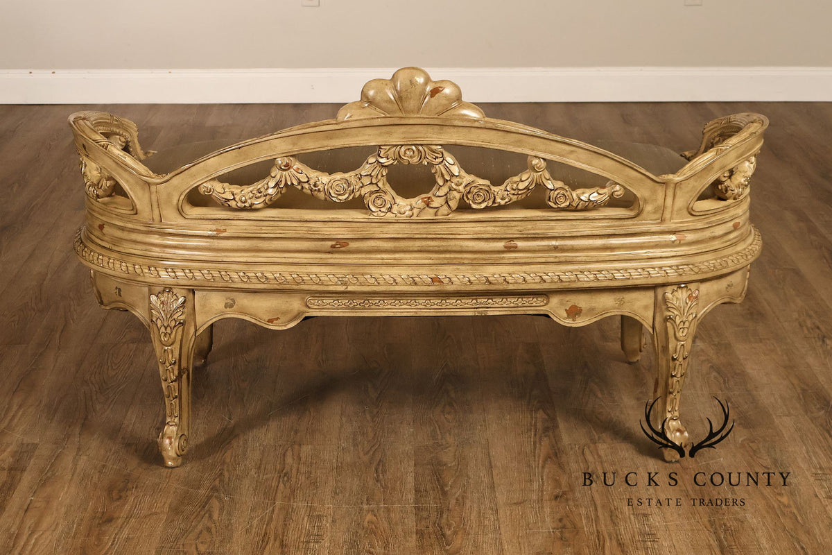 French Louis XV Style Carved Painted Upholstered Bench