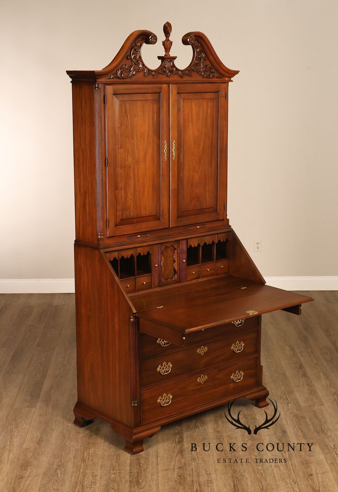 HENKEL HARRIS CHIPPENDALE STYLE TWO PART BLACK WALNUT BLIND DOOR SECRETARY DESK