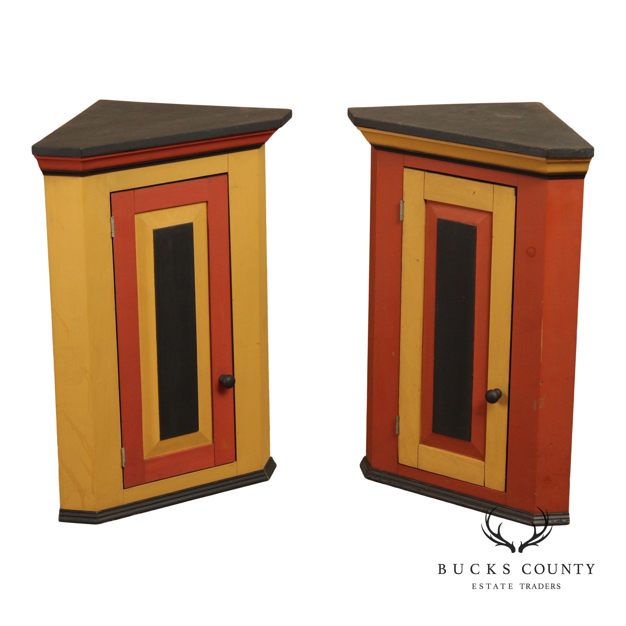 Pair Of Handcrafted Folk Art Painted Pine Corner Cabinets