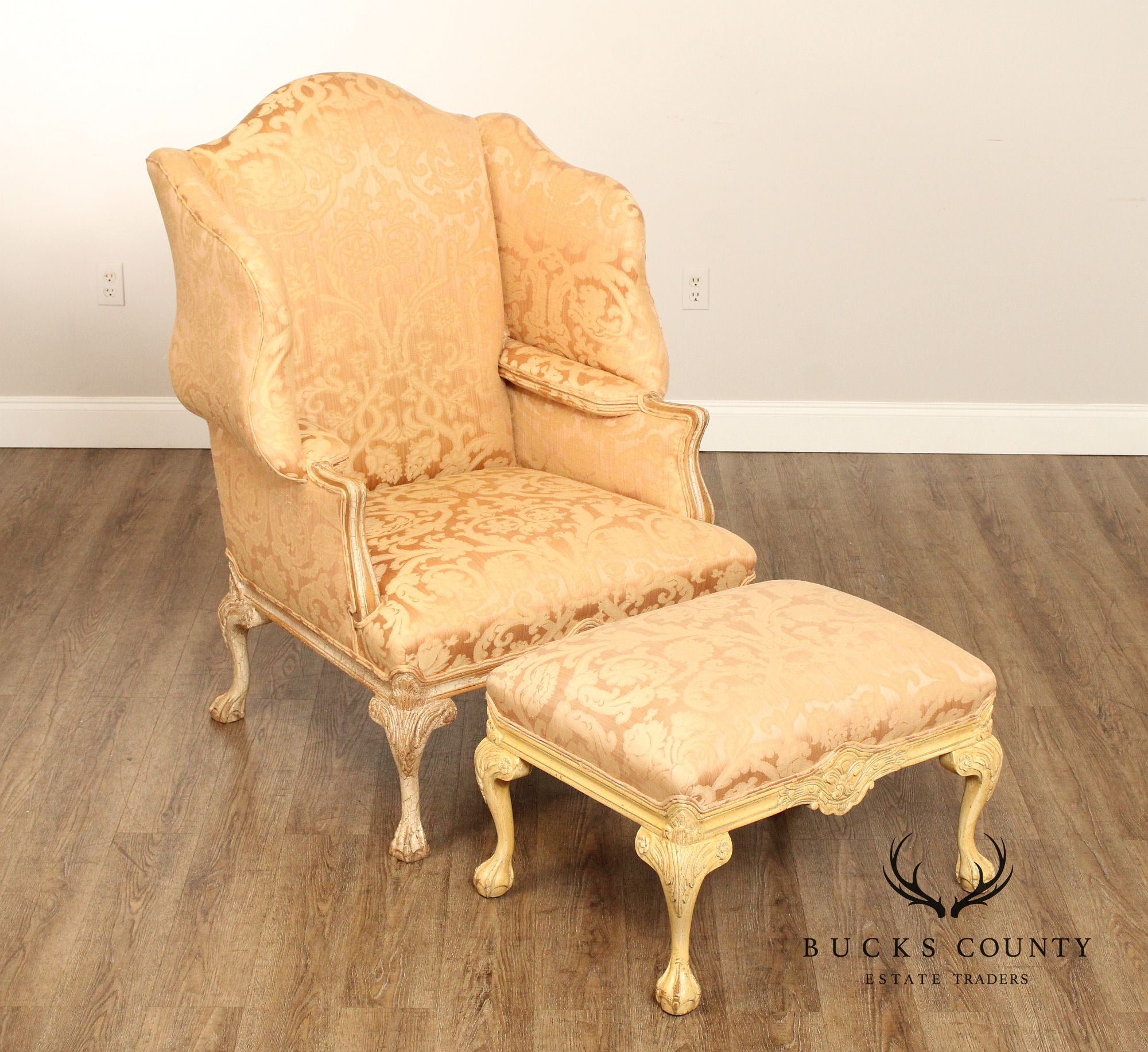 Georgian Style Antiqued Wingback Armchair and Ottoman