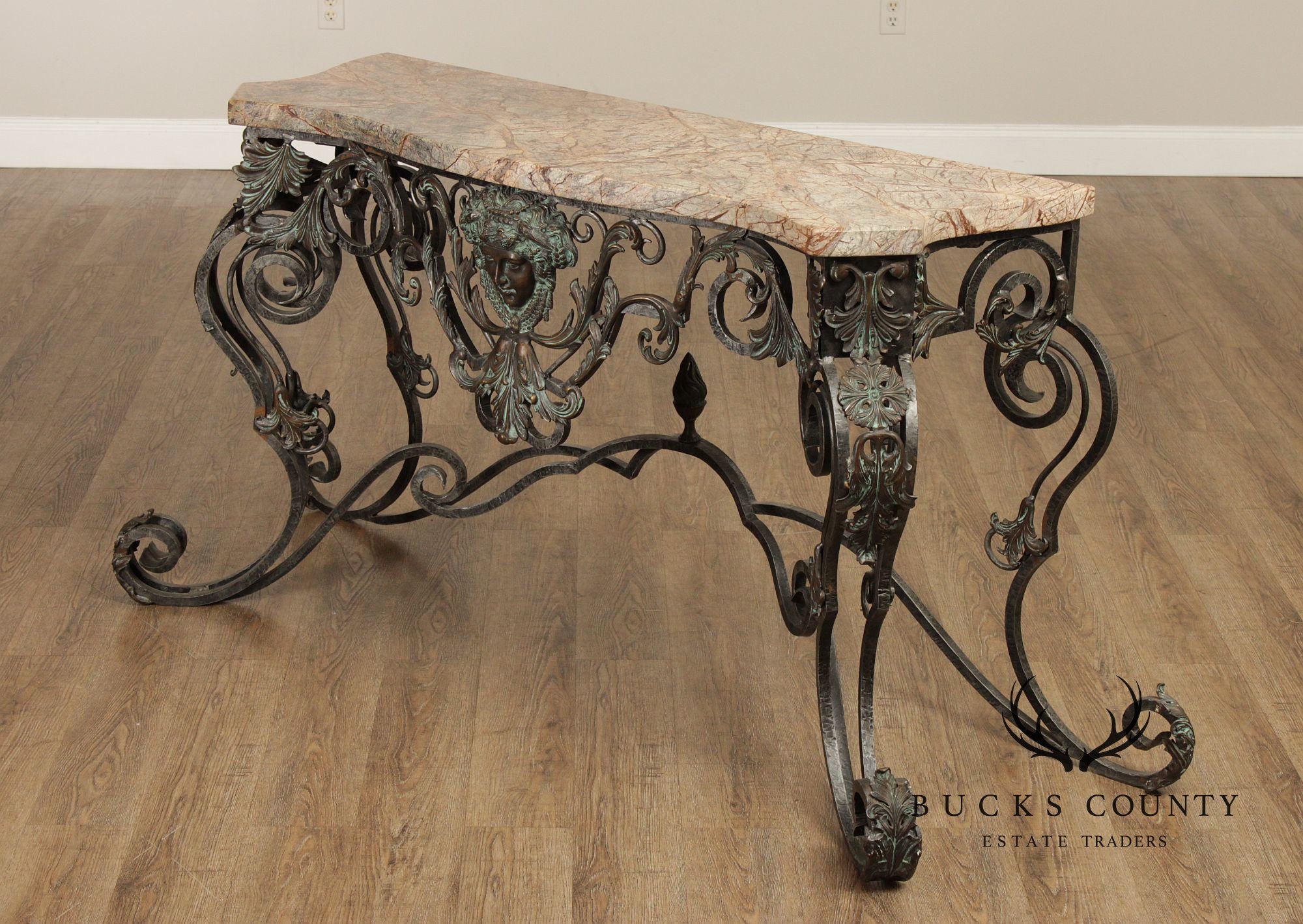 Maitland Smith Italian Rococo Style Scrolled Iron And Bronze Marble Top Console Table