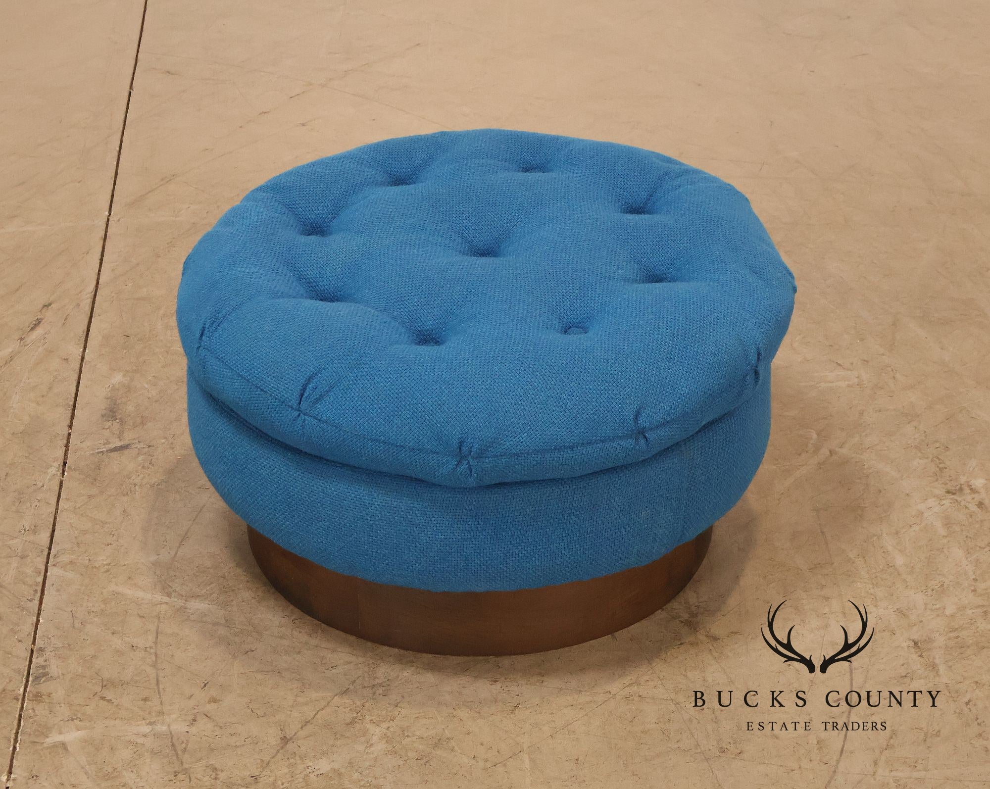 Vintage Schnadig Mid Century Modern Round Blue Upholstered Ottoman