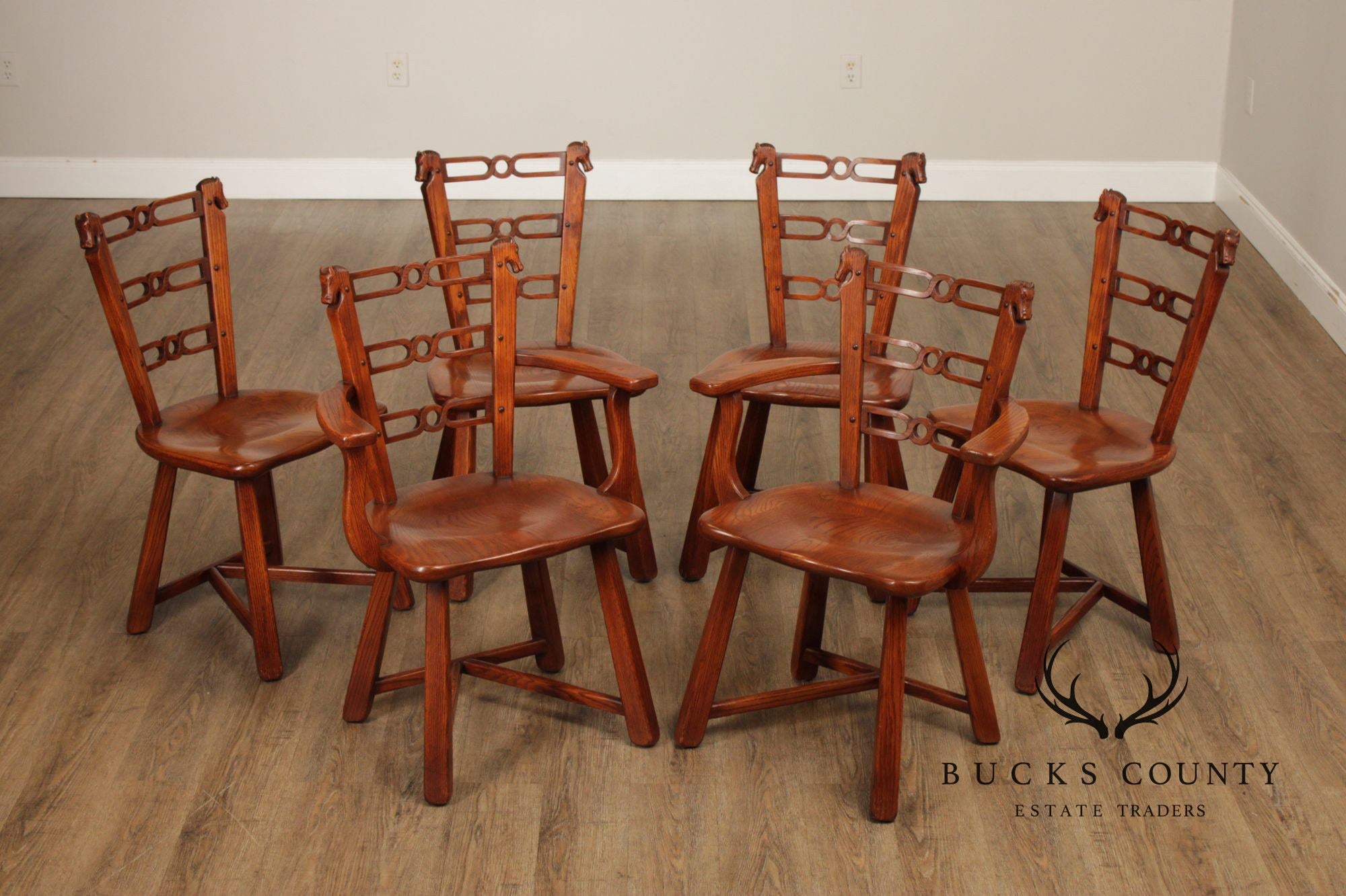 Romweber Set of Six Horse Carved Oak Dining Chairs