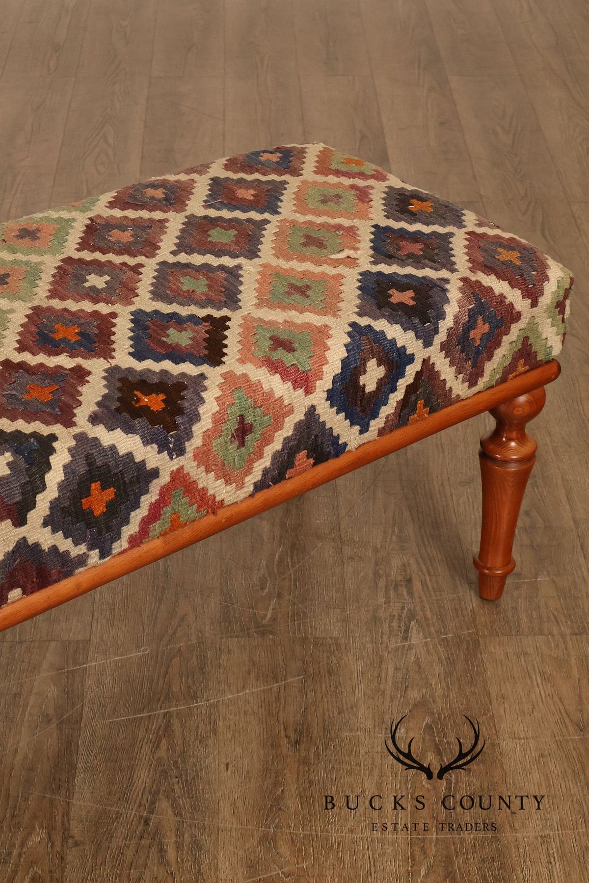 Vintage Kilim Upholstered Cherry Bench