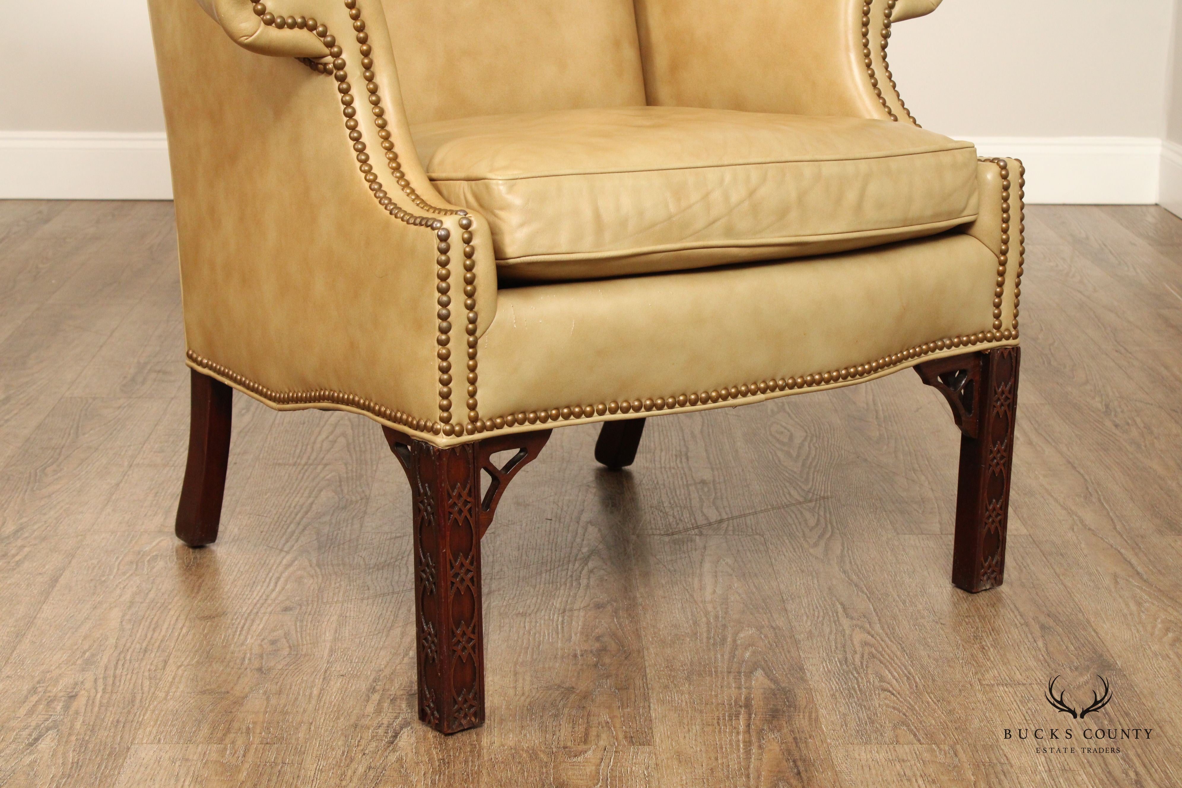 Chippendale Style Tan Leather Wing Chair